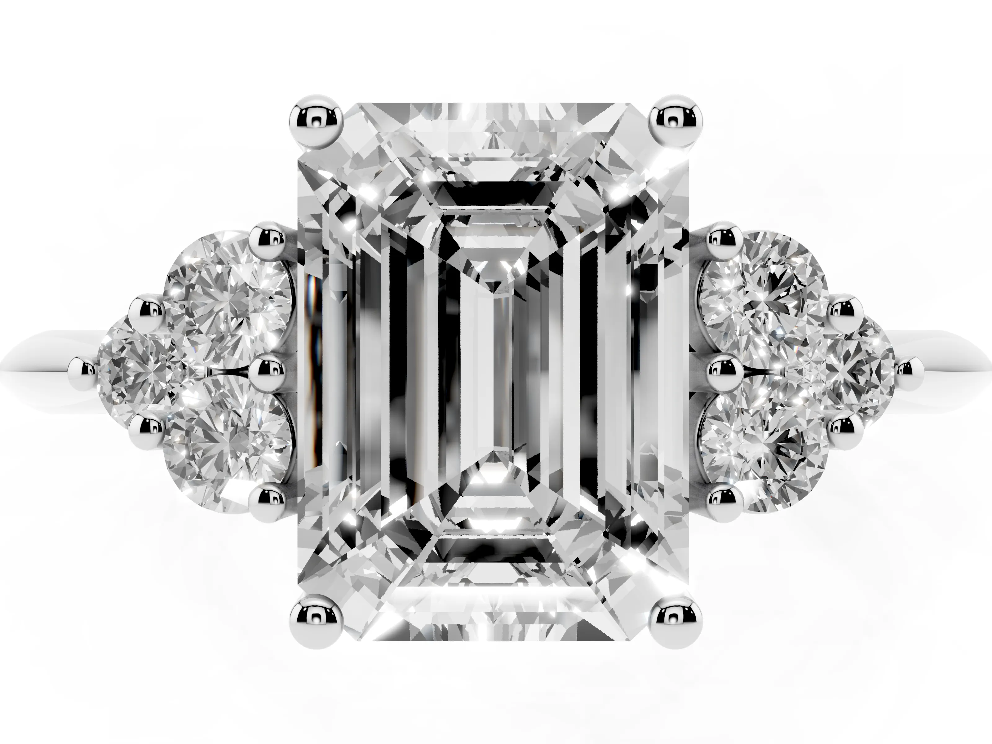 Emerald Cut Diamond Cluster Ring Set in White gold with Plain Band and Prong Setting