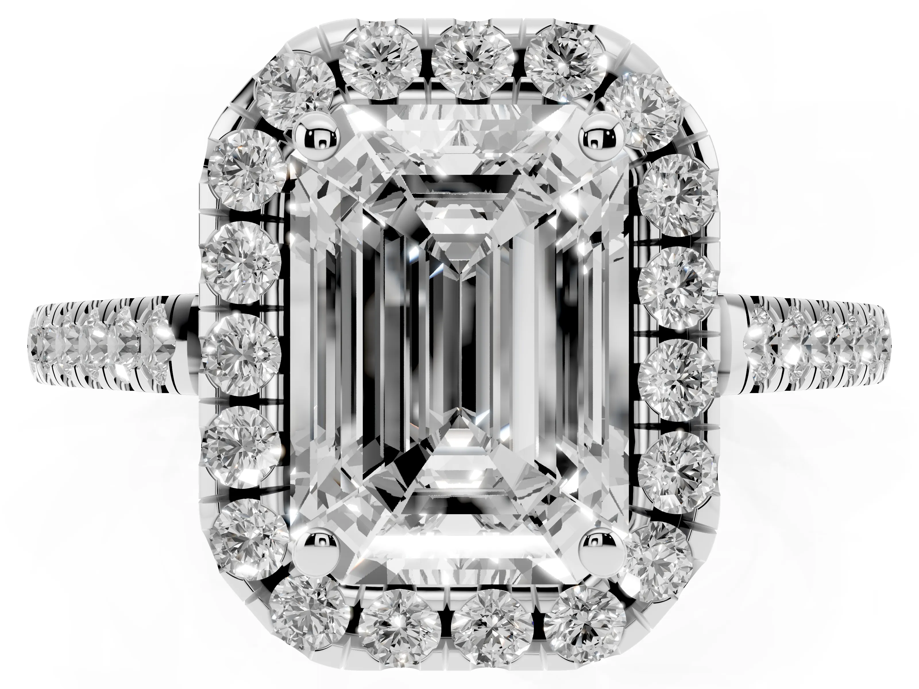 Emerald Cut Diamond Pavé Halo Engagement Ring Set in Silver with Pavé Band and Prong Setting