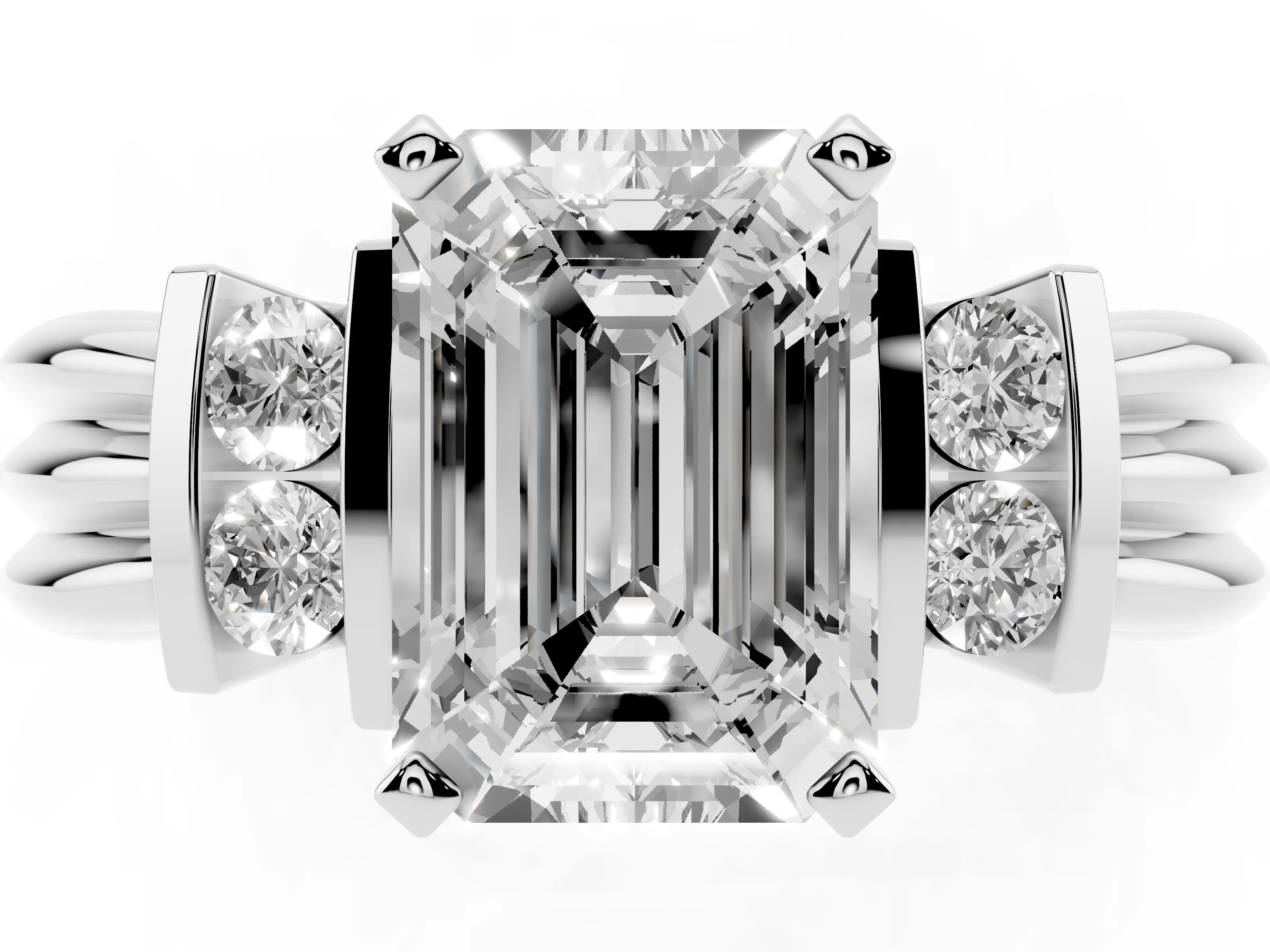 Three-Stone Emerald Cut Diamond Channel Set Ring Set in Silver with Bar Prongs