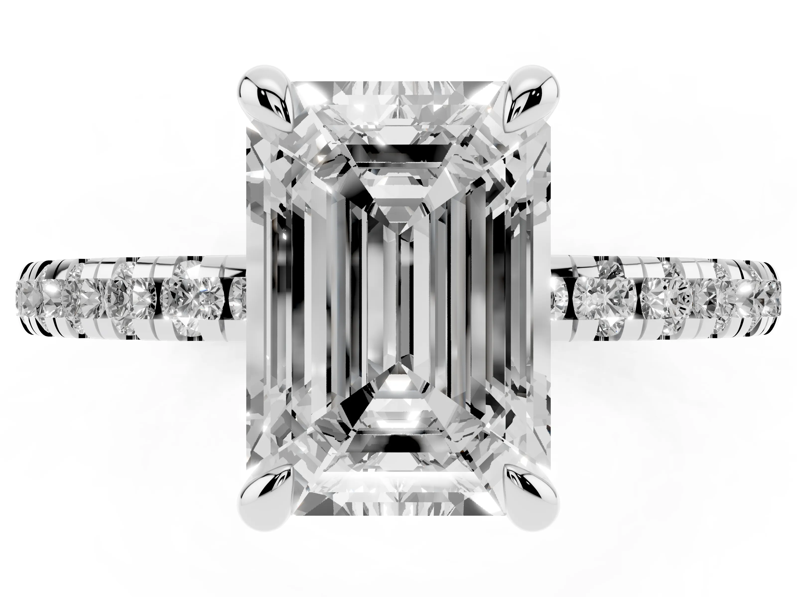 Emerald Cut Diamond Brilliant Solitaire Ring Set in White gold with Pavé Band and Prong Setting
