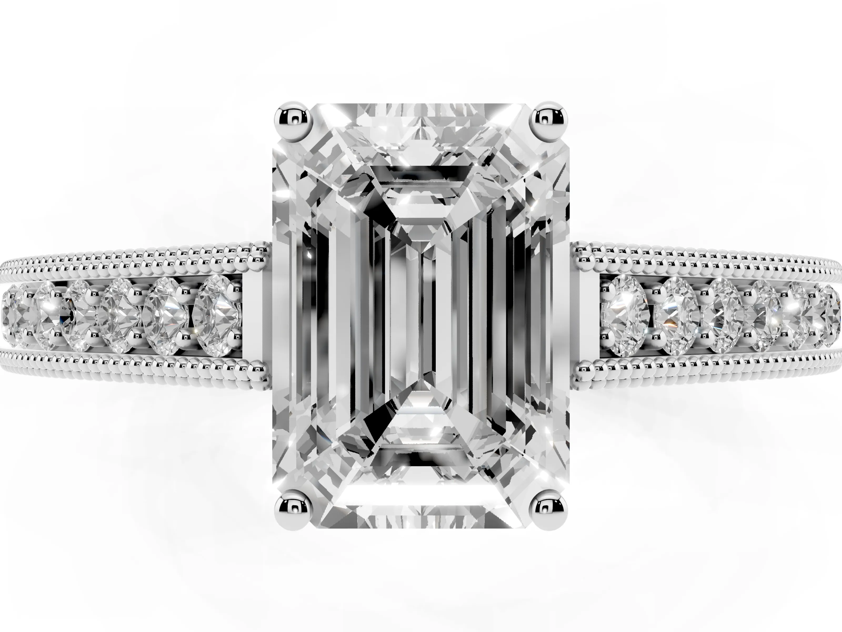 Emerald Cut Diamond Milgrain Pavé Band Solitaire Ring Set in White gold with Prong Setting