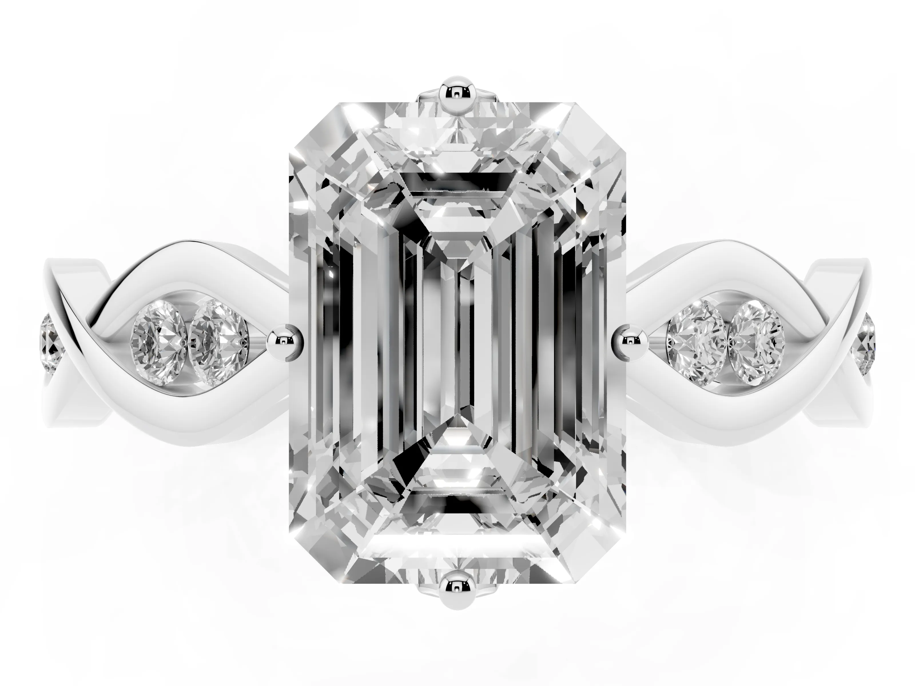 Emerald Cut Diamond Twist Band Solitaire Ring Set in Platinum with Leaf Prong Setting and Accent Stones
