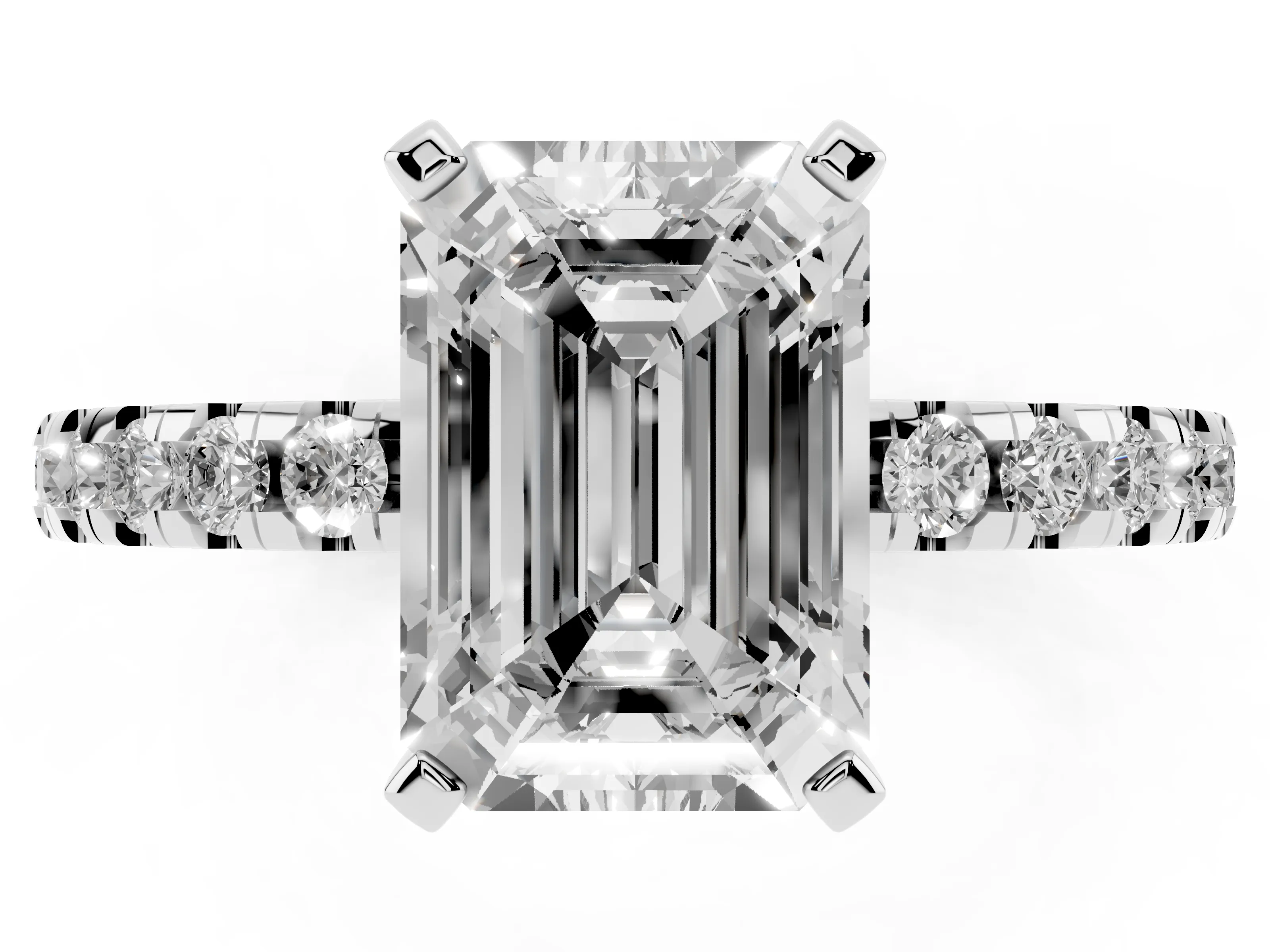Emerald Cut Diamond Pavé Solitaire Ring Set in Platinum with Round Band Accents and Prong Setting
