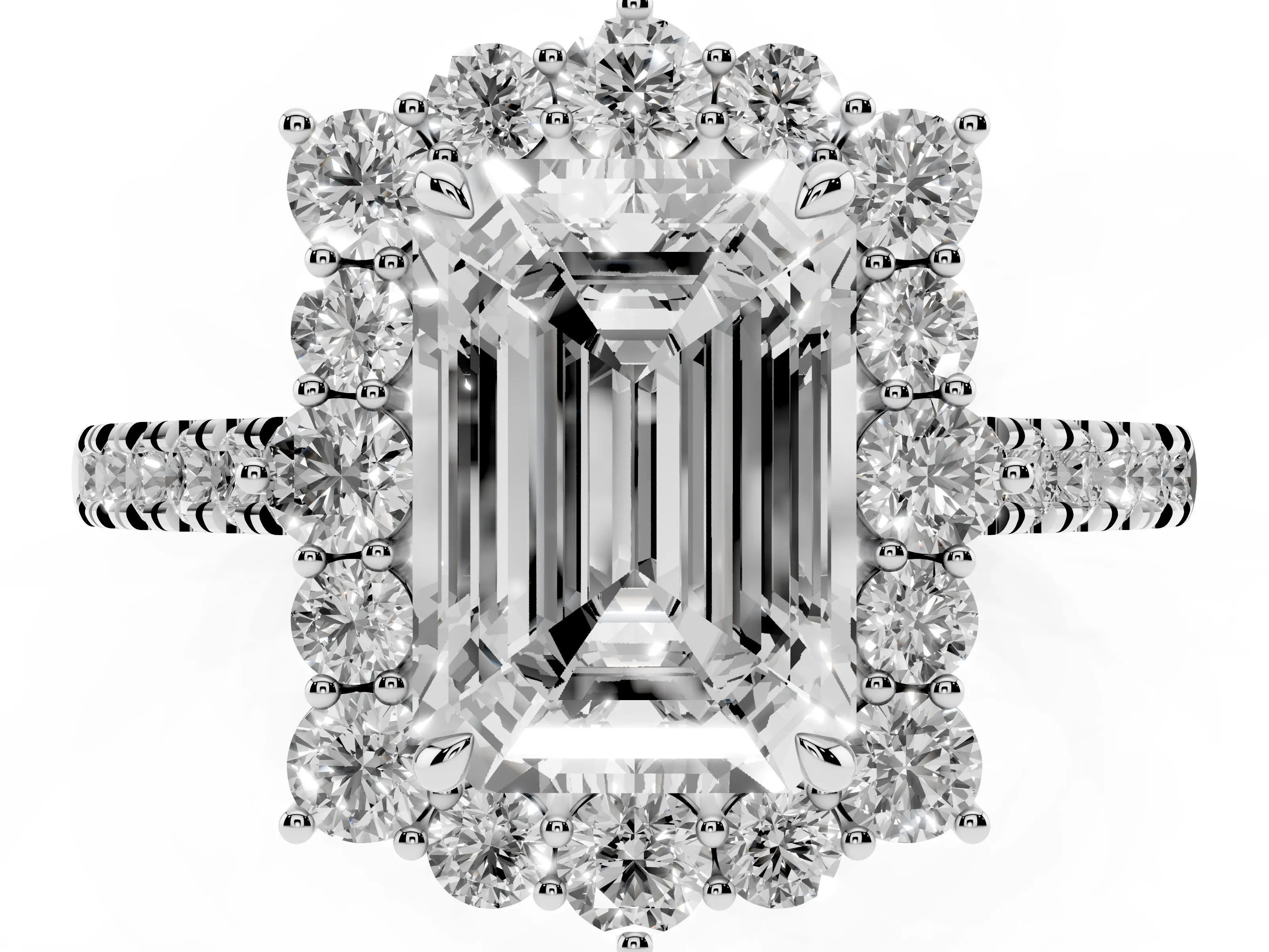 Emerald Cut Diamond Halo Ring Set in Silver with Pavé Band and Prong Setting