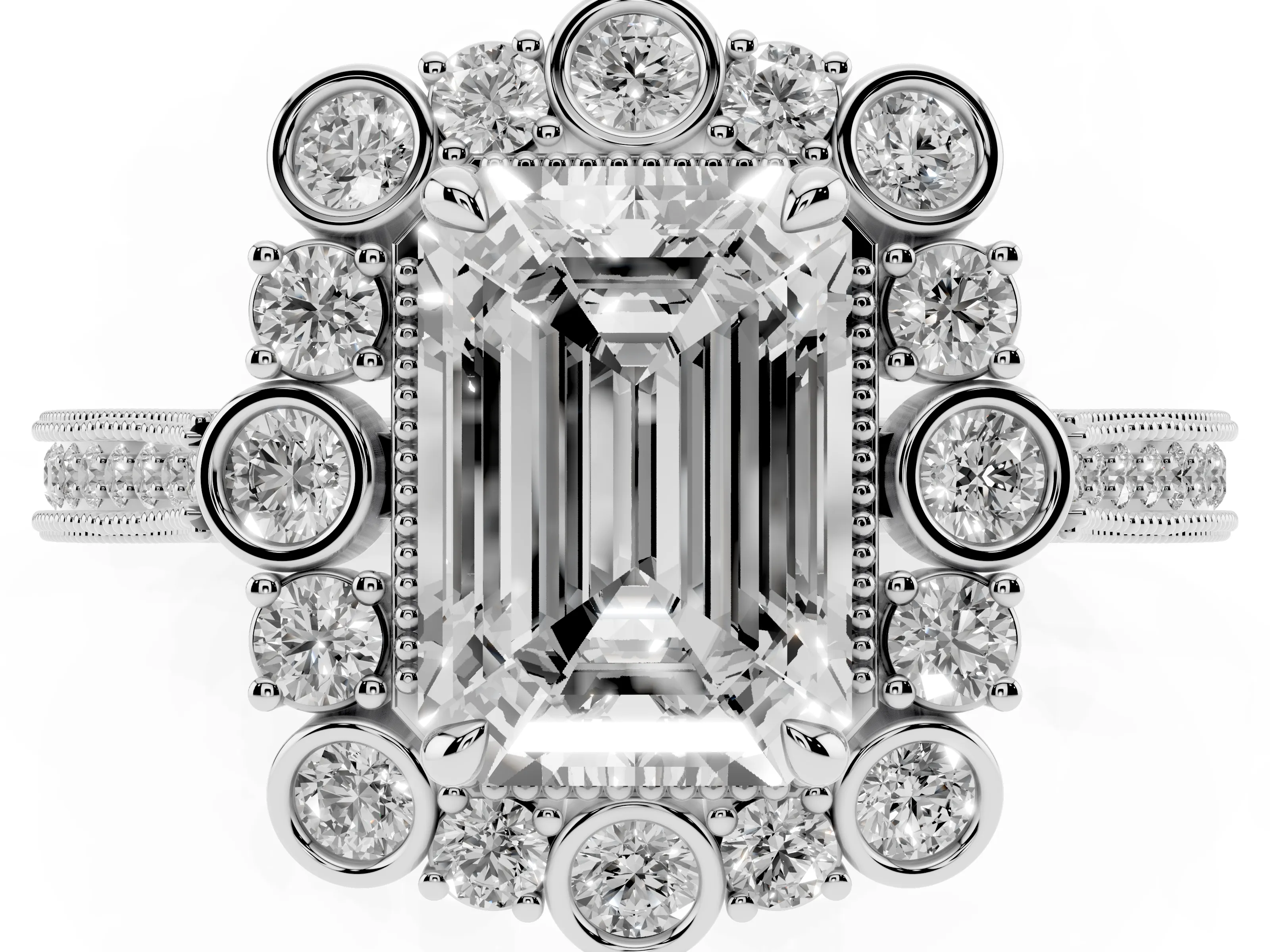 Emerald Cut Diamond Halo Milgrain Pavé Ring Set in White gold with Prong Setting