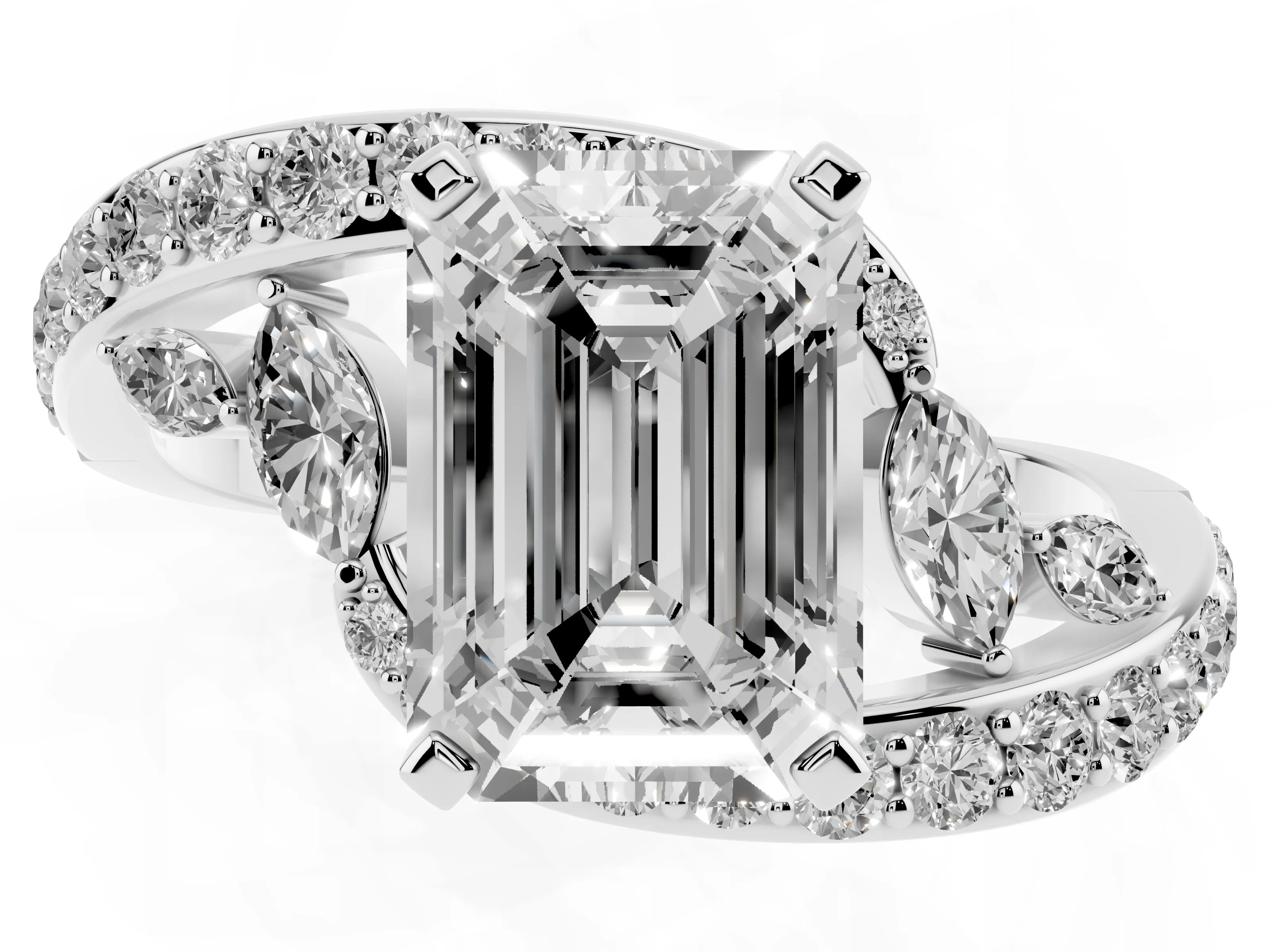 Emerald Cut Diamond Solitaire Ring Set in Platinum with Pavé Twist Band and Secure Prong Setting