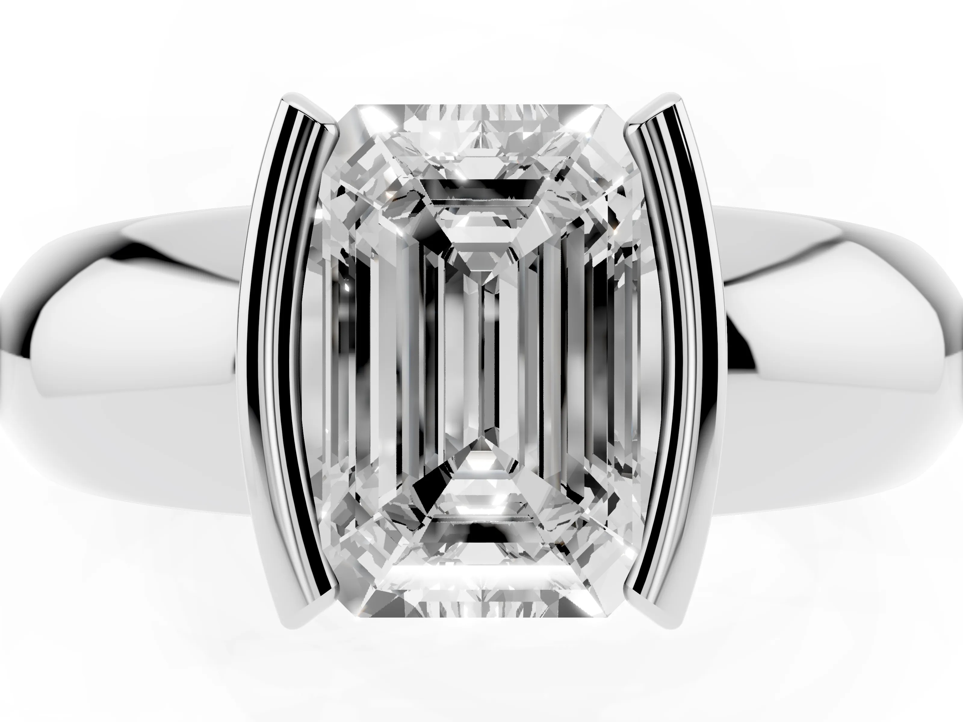 Emerald Cut Diamond Solitaire Tension Set Ring Set in White gold with Wide Band