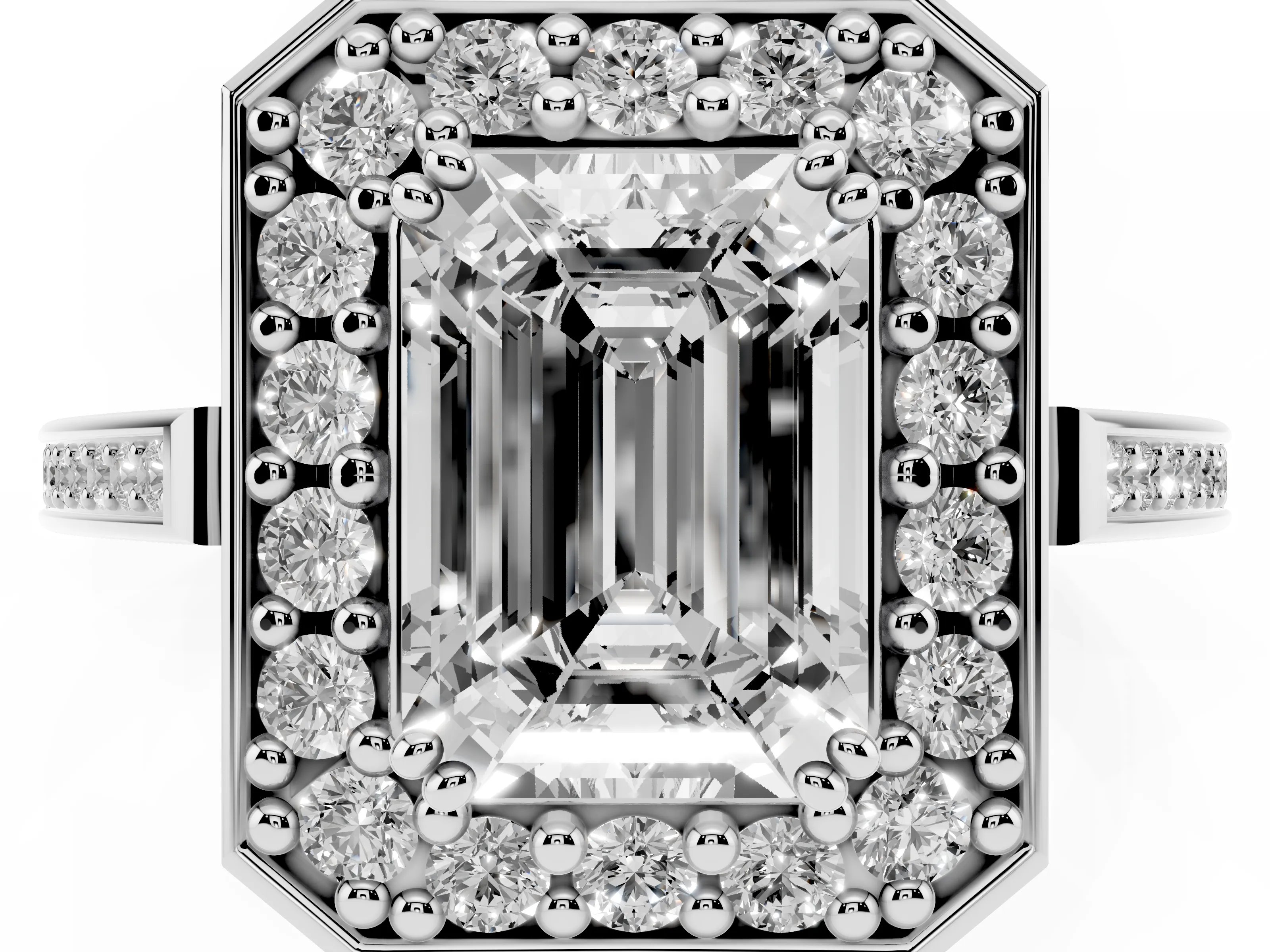 Emerald Cut Diamond Halo Ring Set in Platinum with Accent-Lined Split Shank and Prong Setting