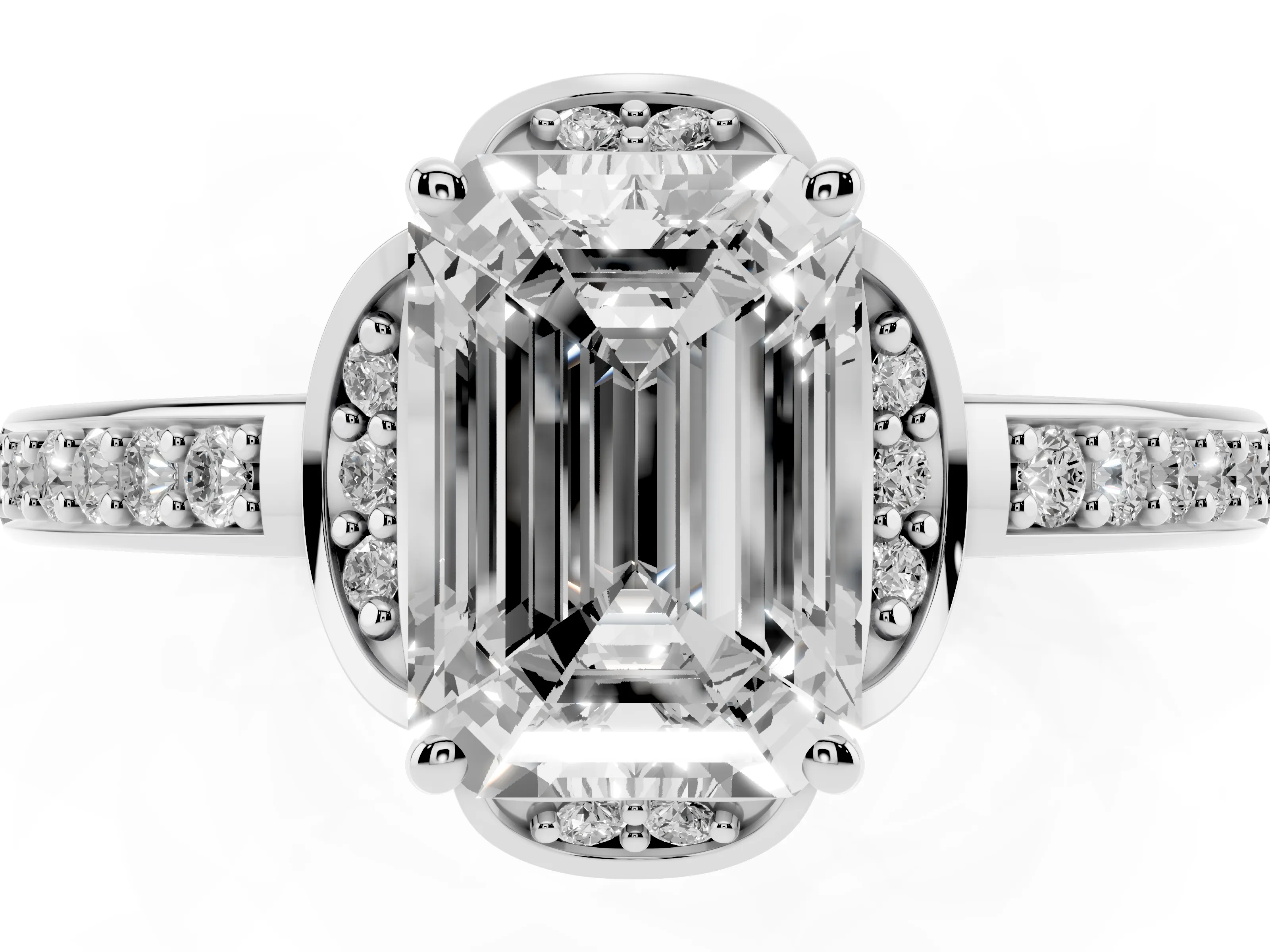 Emerald Cut Diamond Halo Ring Set in Silver with Channel Set Band and Prong Setting