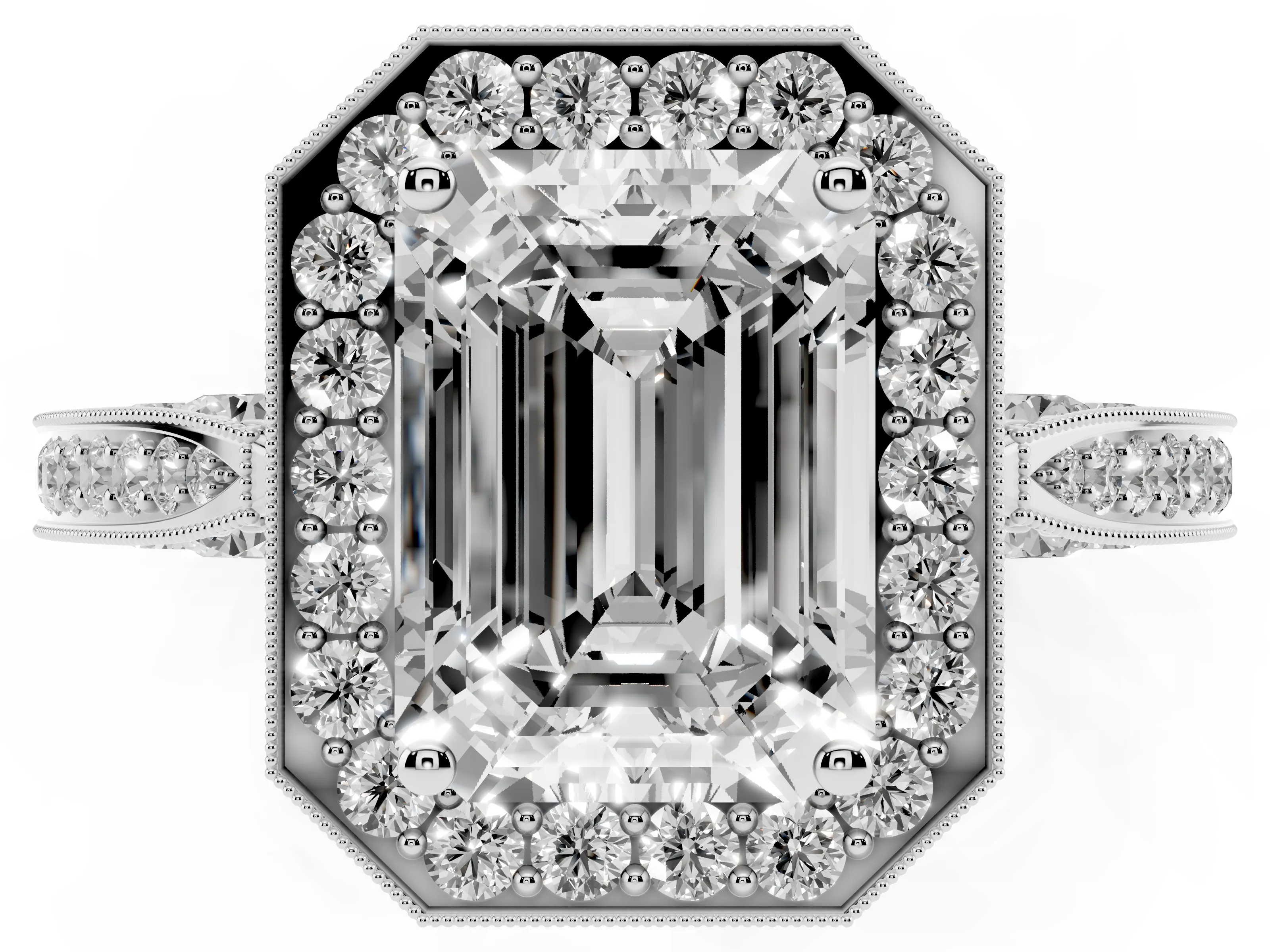 Emerald Cut Diamond Halo Engagement Ring Set in Silver with Accent Split Shank Band