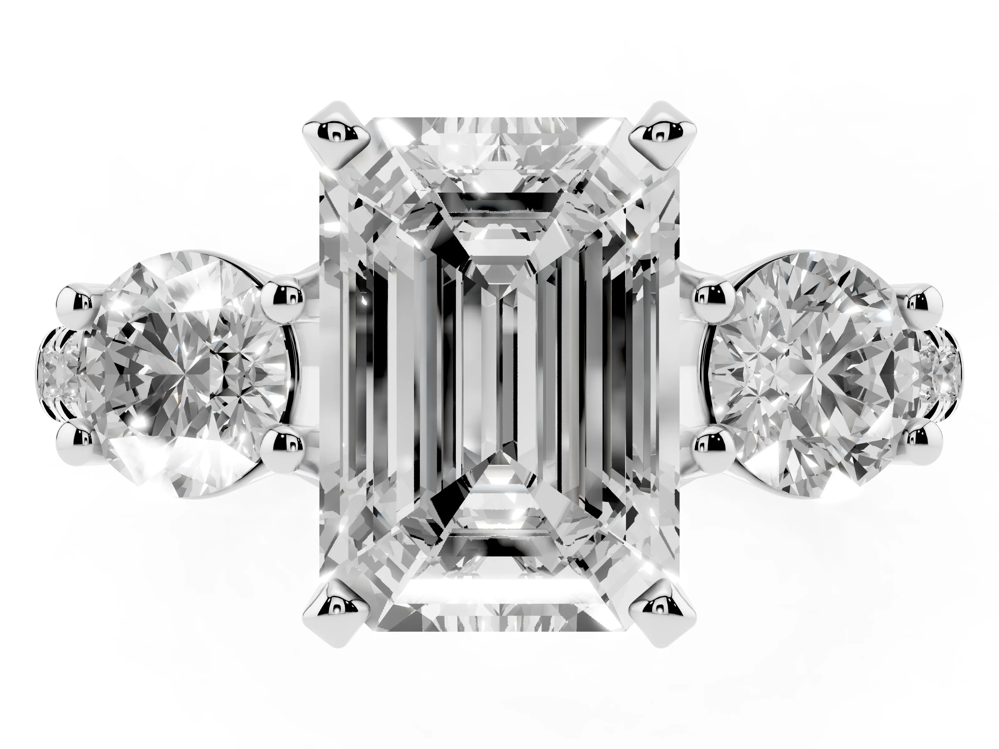 Three-Stone Emerald Cut Diamond Pavé Band Ring Set in Platinum with Prong-Set Trio