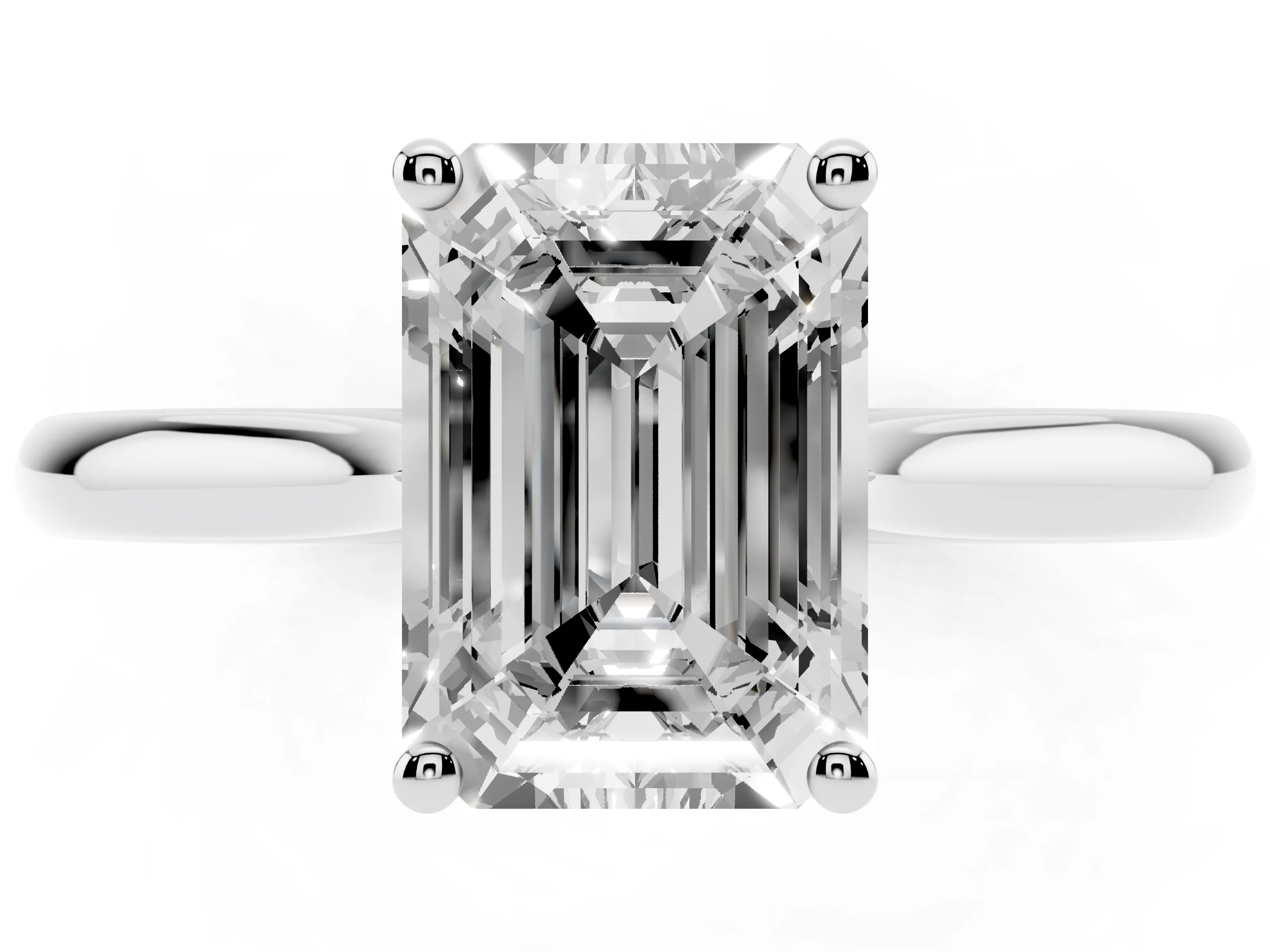 Emerald Cut Diamond Solitaire Ring Set in Silver with Cathedral Band and Prong Setting