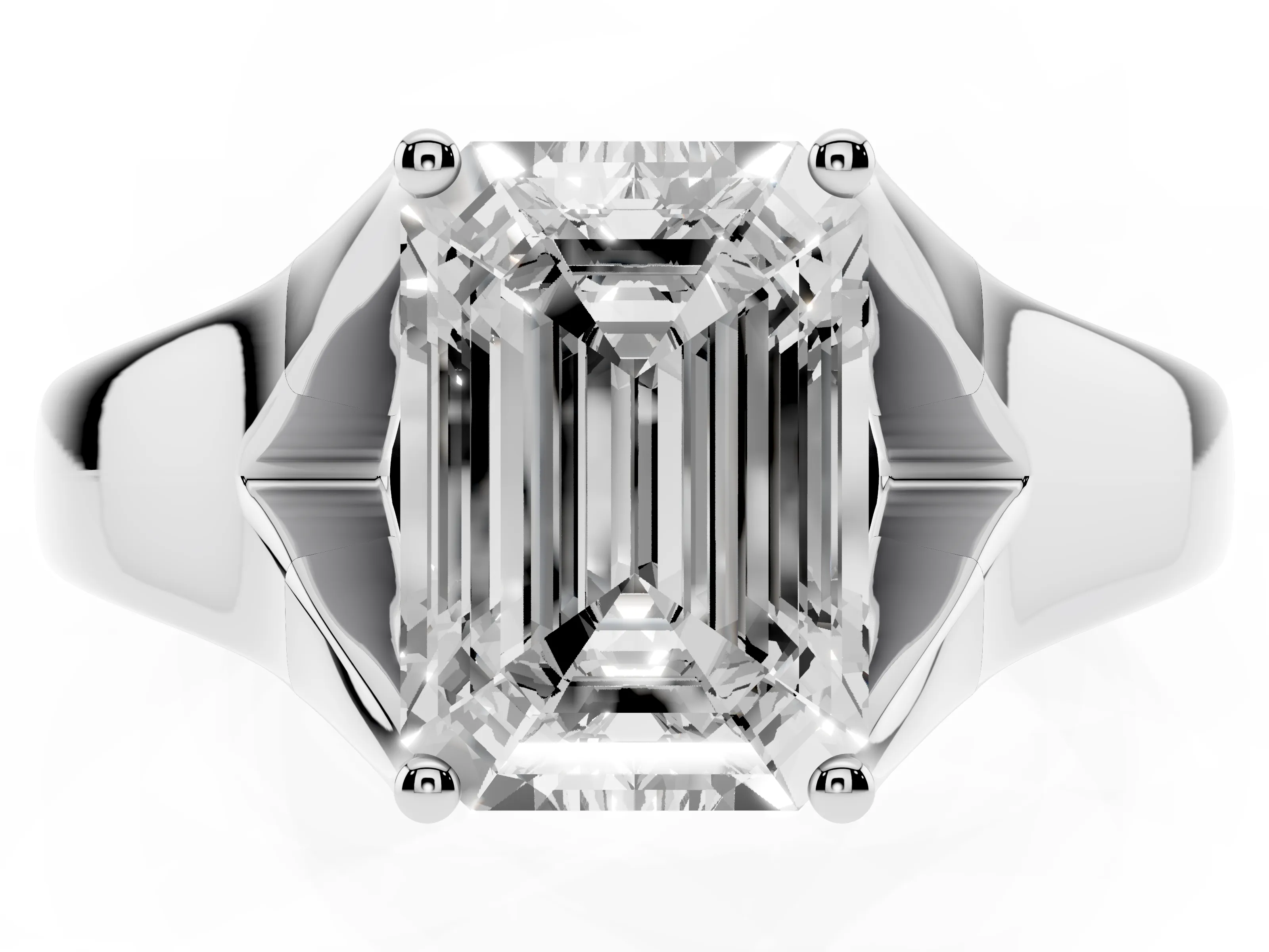 Emerald Cut Diamond Solitaire Ring Set in White gold with Arched Cathedral Band and Prong Setting