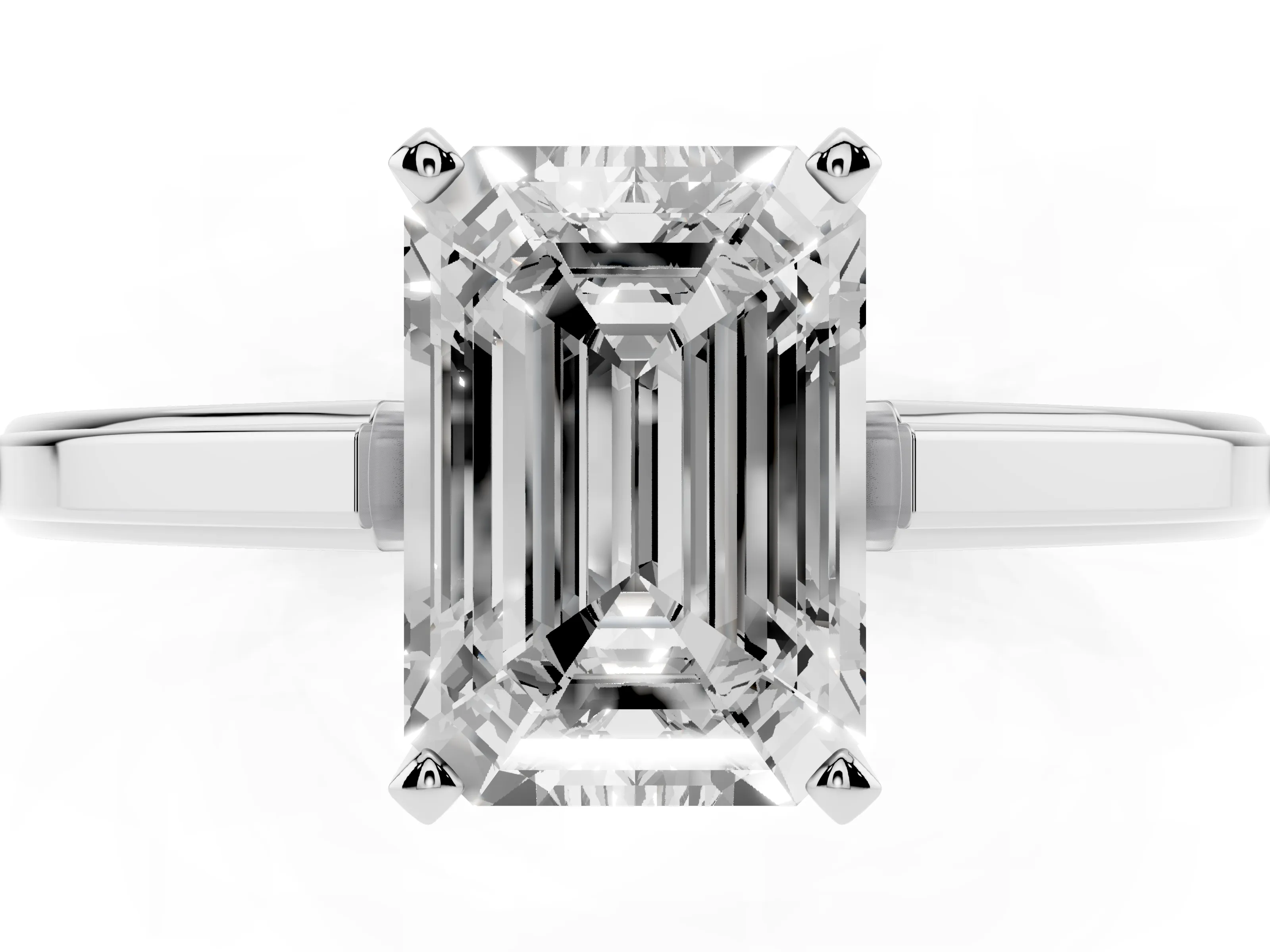 Emerald Cut Diamond Solitaire Ring Set in Platinum with Prong Setting and Classic Band