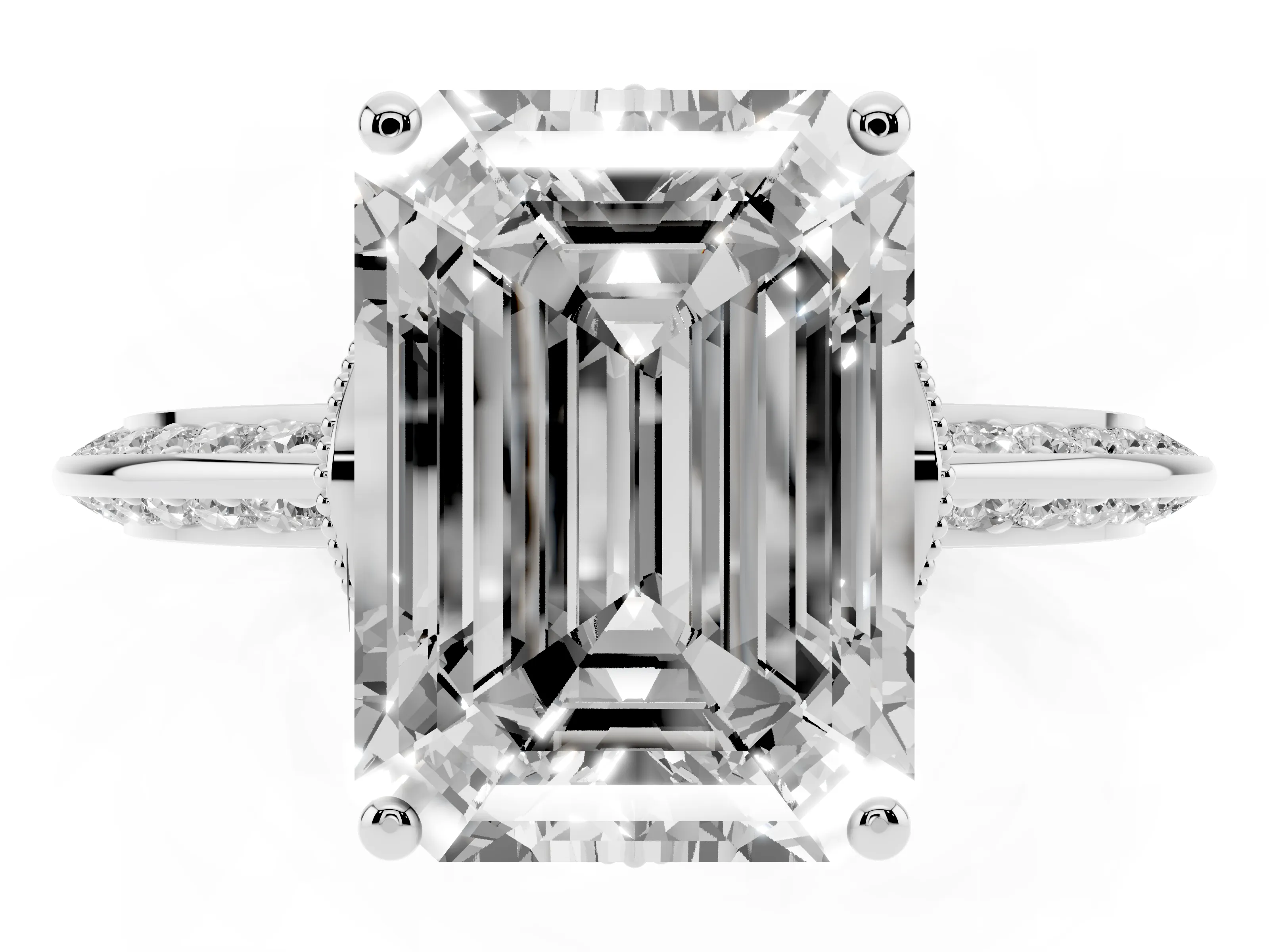 Emerald Cut Diamond Solitaire Engagement Ring Set in Silver with Pavé Split Shank and Prong Setting