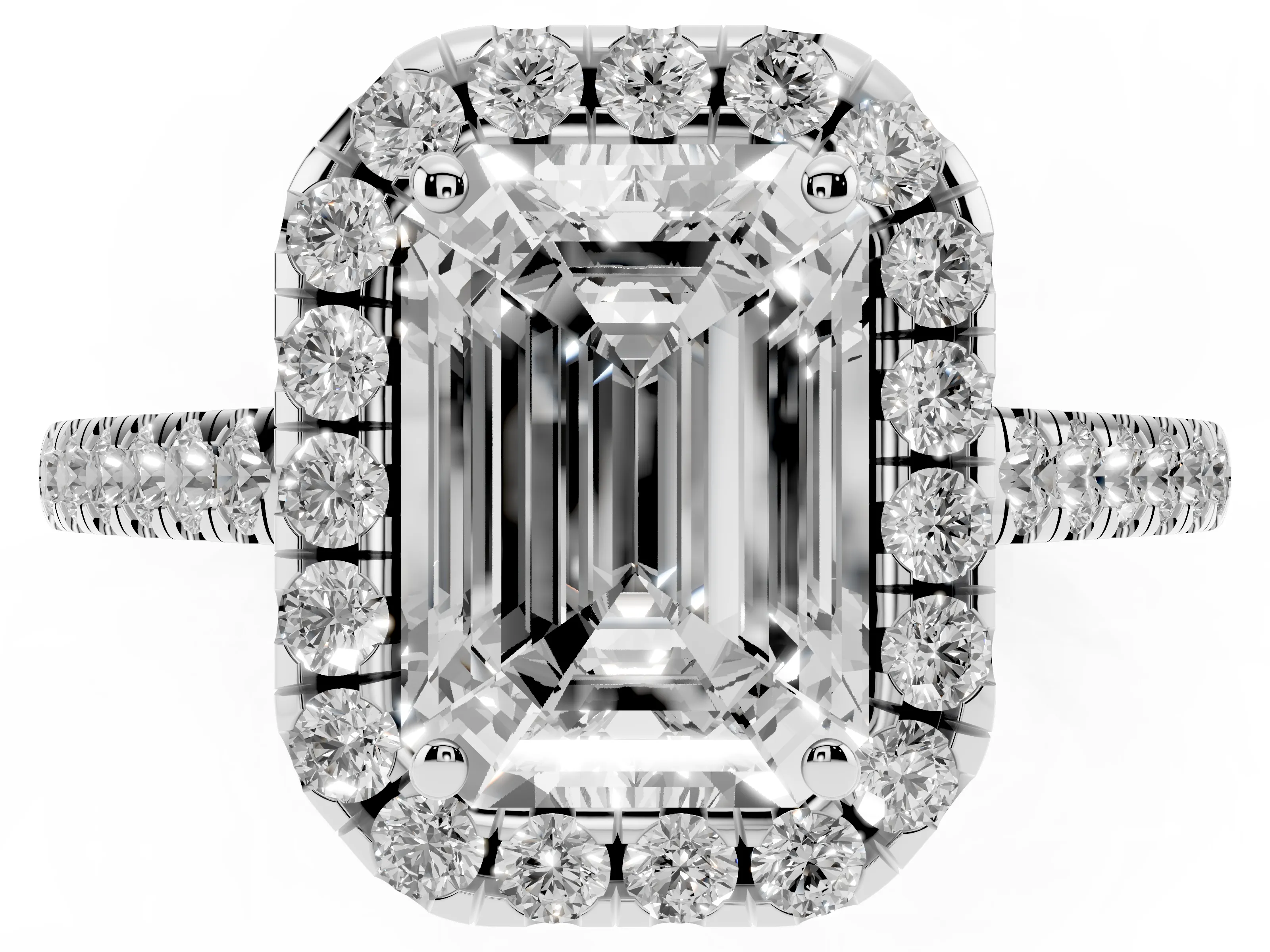Emerald Cut Diamond Halo Pavé Engagement Ring Set in Silver with Prong Setting