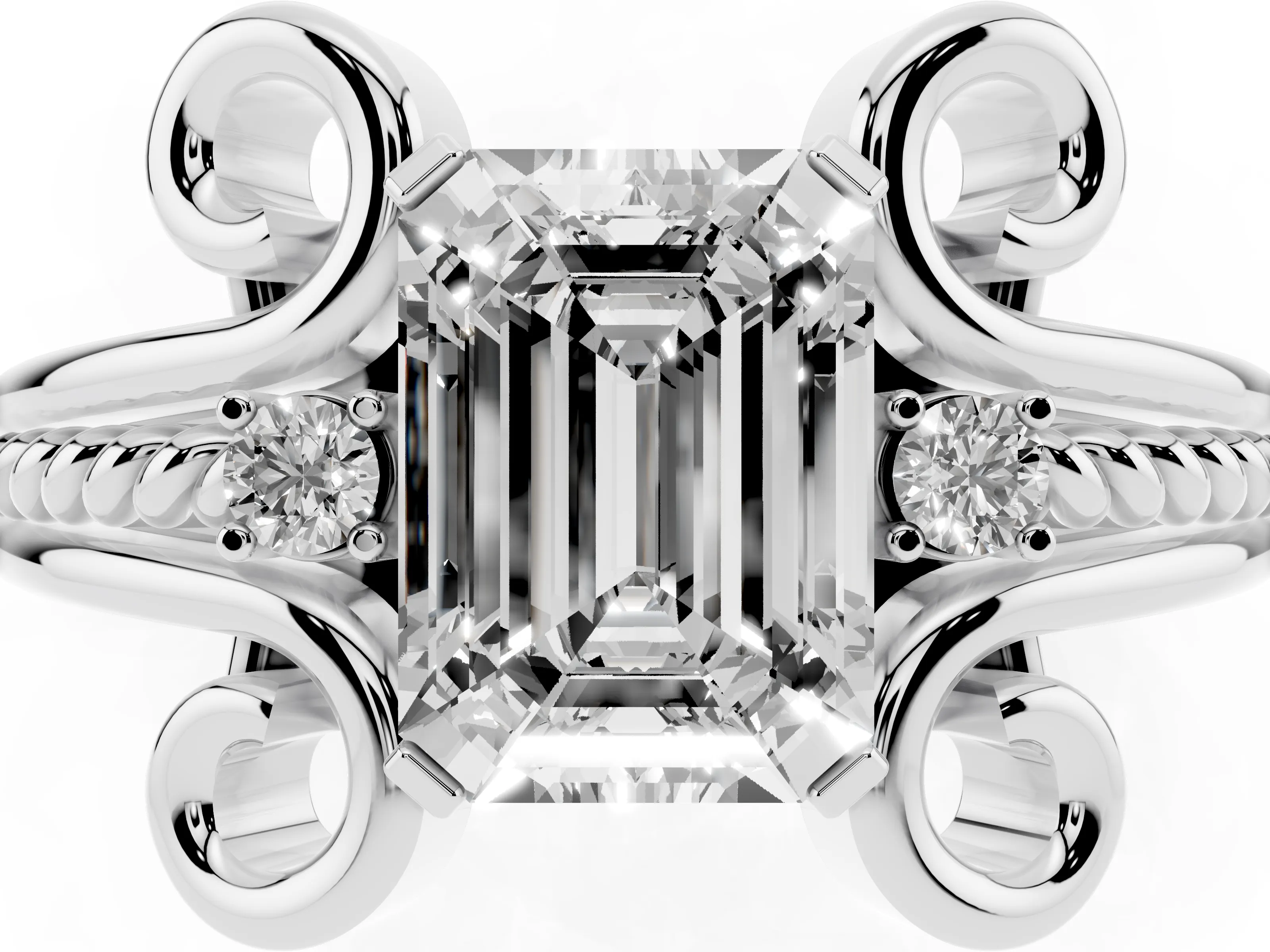 Emerald Cut Diamond Twisted Band Solitaire Ring Set in Platinum with Scroll Prongs