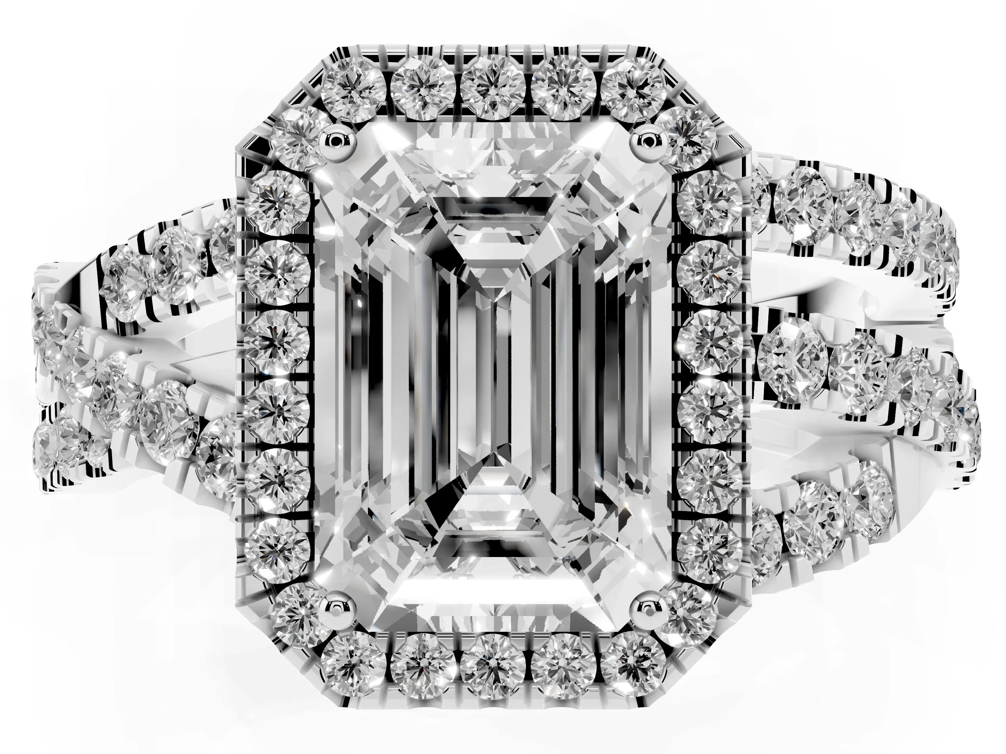 Emerald Cut Diamond Halo Ring Set in Platinum with Round Crossover Split Shank and Prong Setting