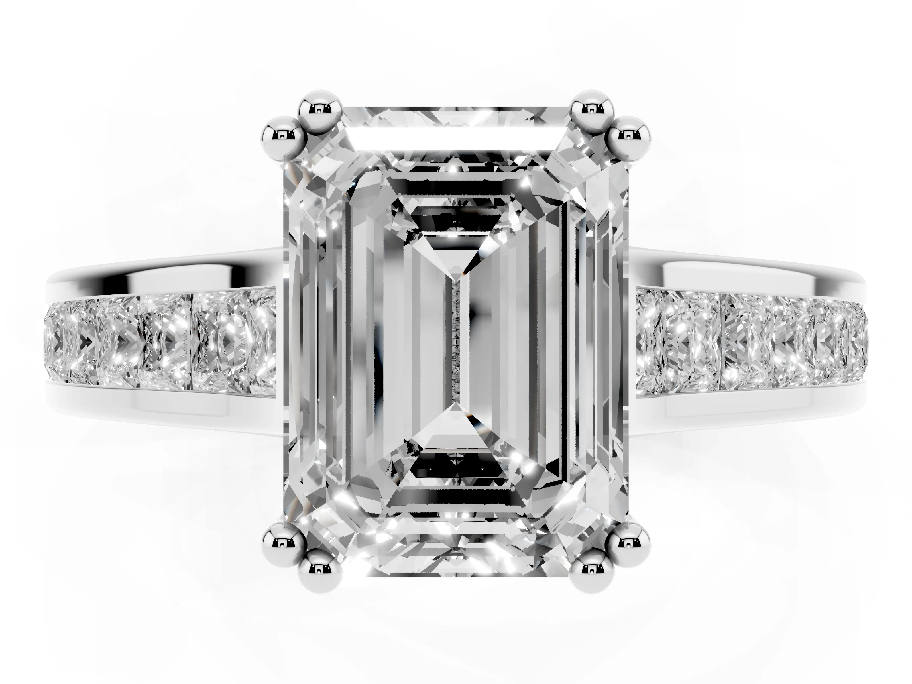 Emerald Cut Diamond Channel Set Solitaire Engagement Ring Set in Silver with Prong Setting