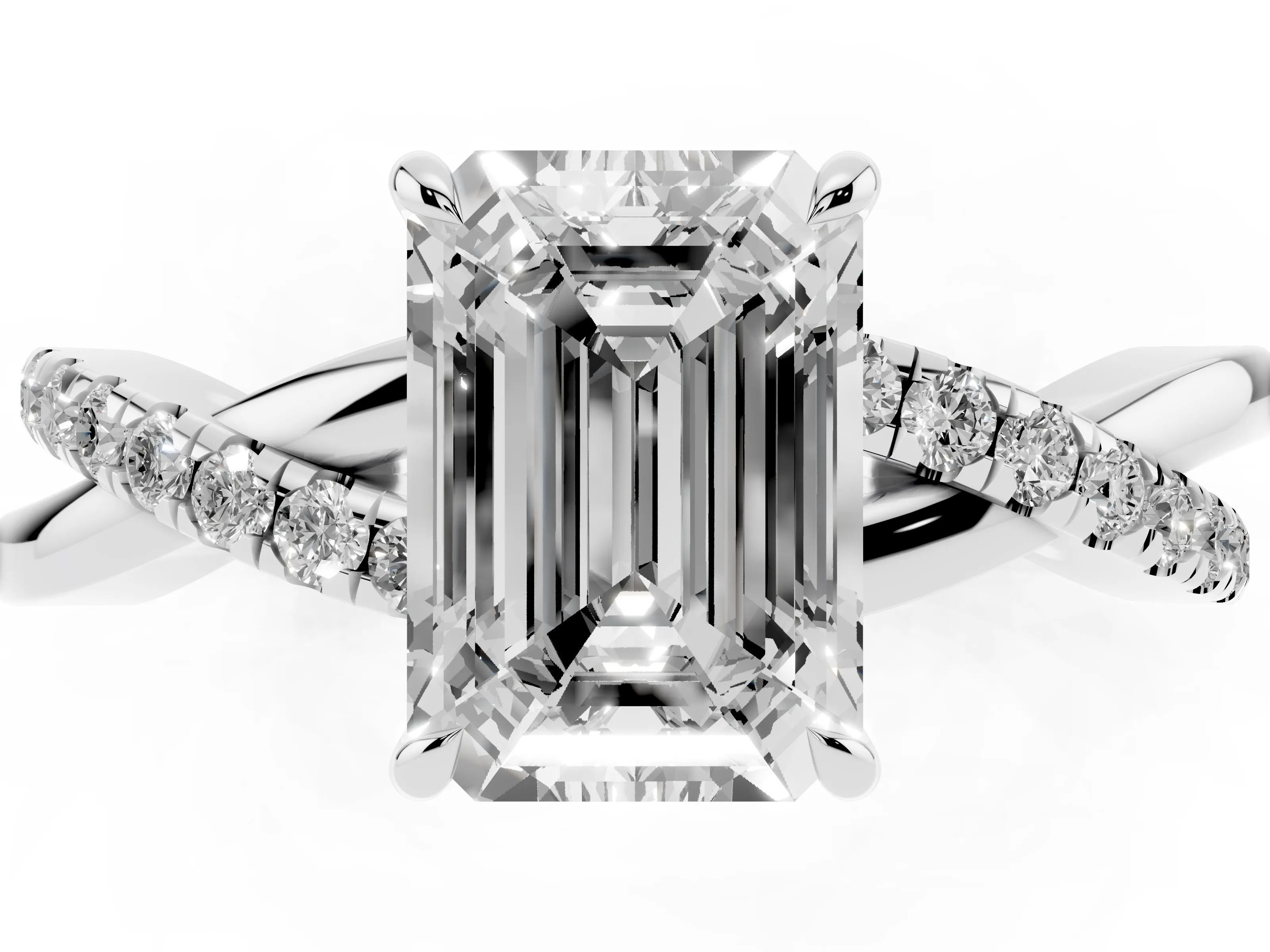 Emerald Cut Diamond Twisted Pavé Band Ring Set in Silver with Prong Setting