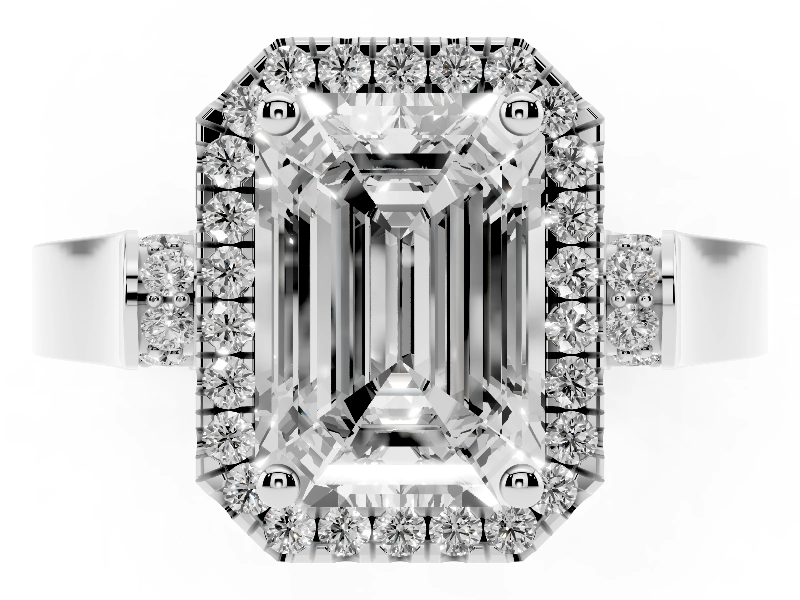 Emerald Cut Diamond Halo Ring Set in Platinum with Pavé-Lined Split Shank Band