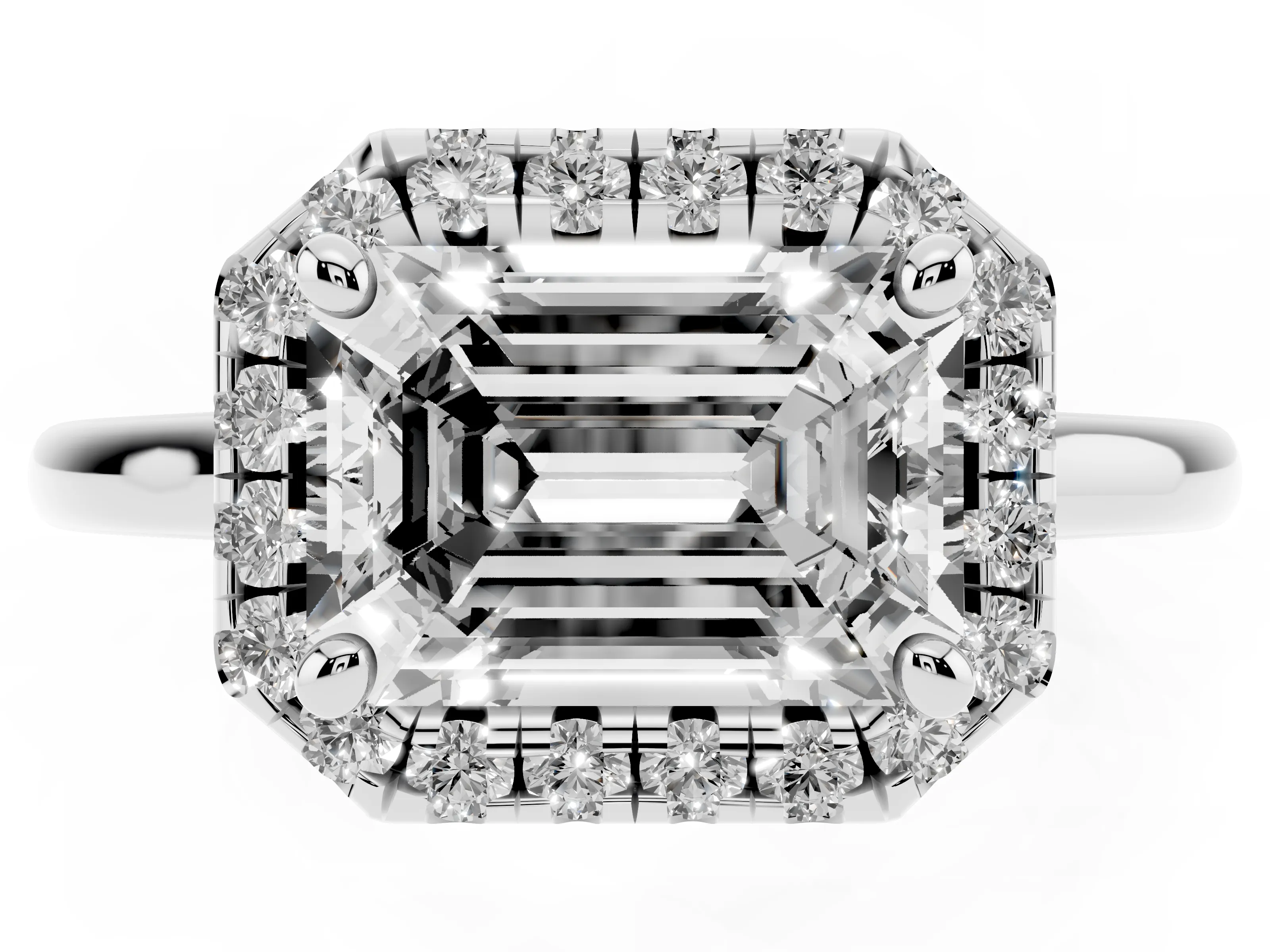 Emerald Cut Diamond Halo Engagement Ring Set in White gold with Pavé Band and Rising Shoulders