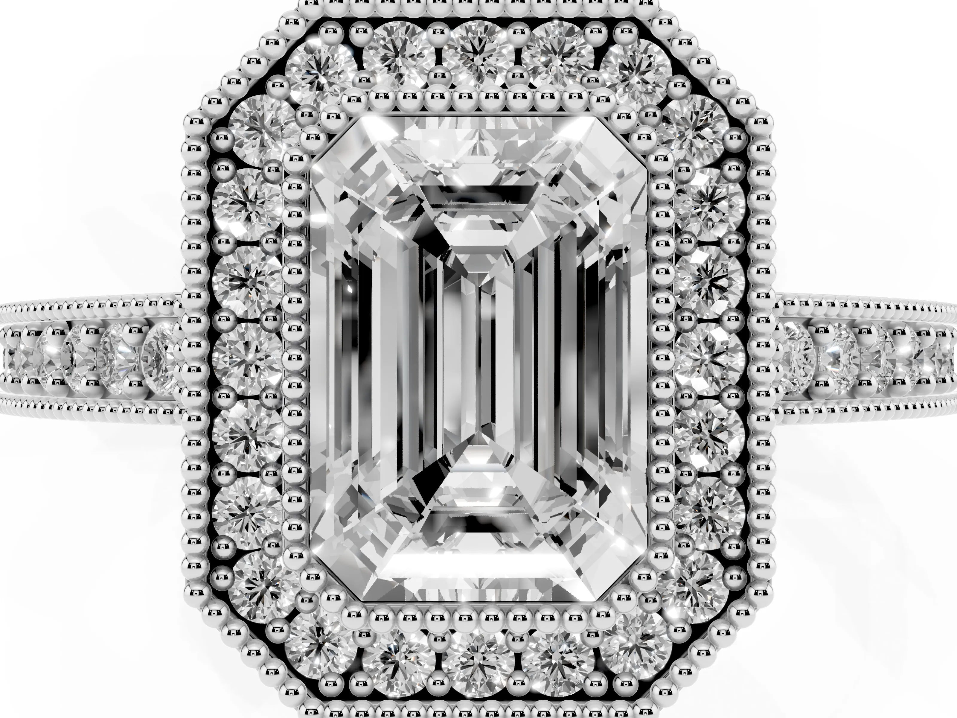 Emerald Cut Diamond Halo Engagement Ring Set in Platinum with Pavé Band and Round Halo Stones