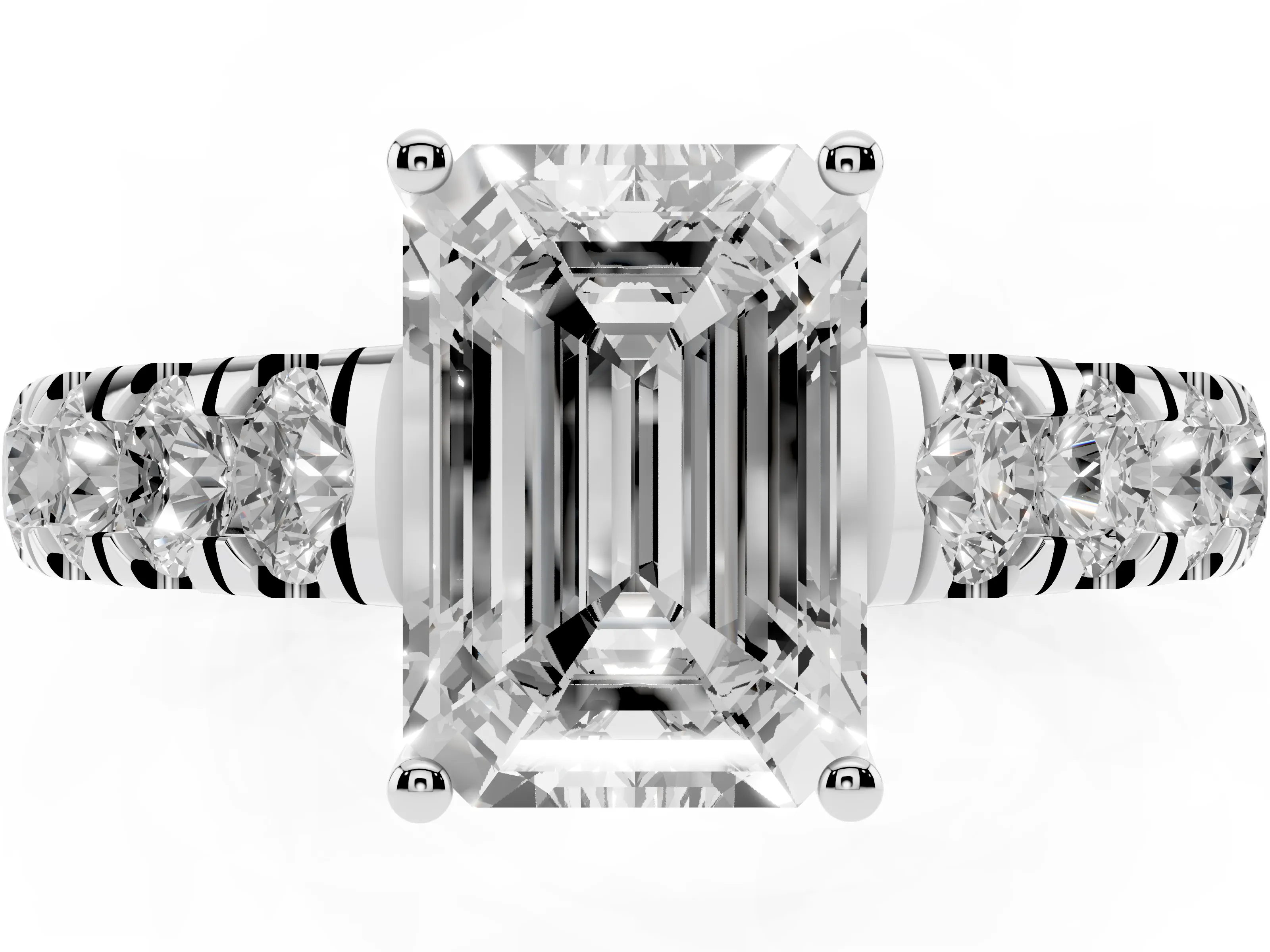 Emerald Cut Diamond Solitaire Ring Set in Platinum with Cut-Down Micro Pavé Band and Prong Setting