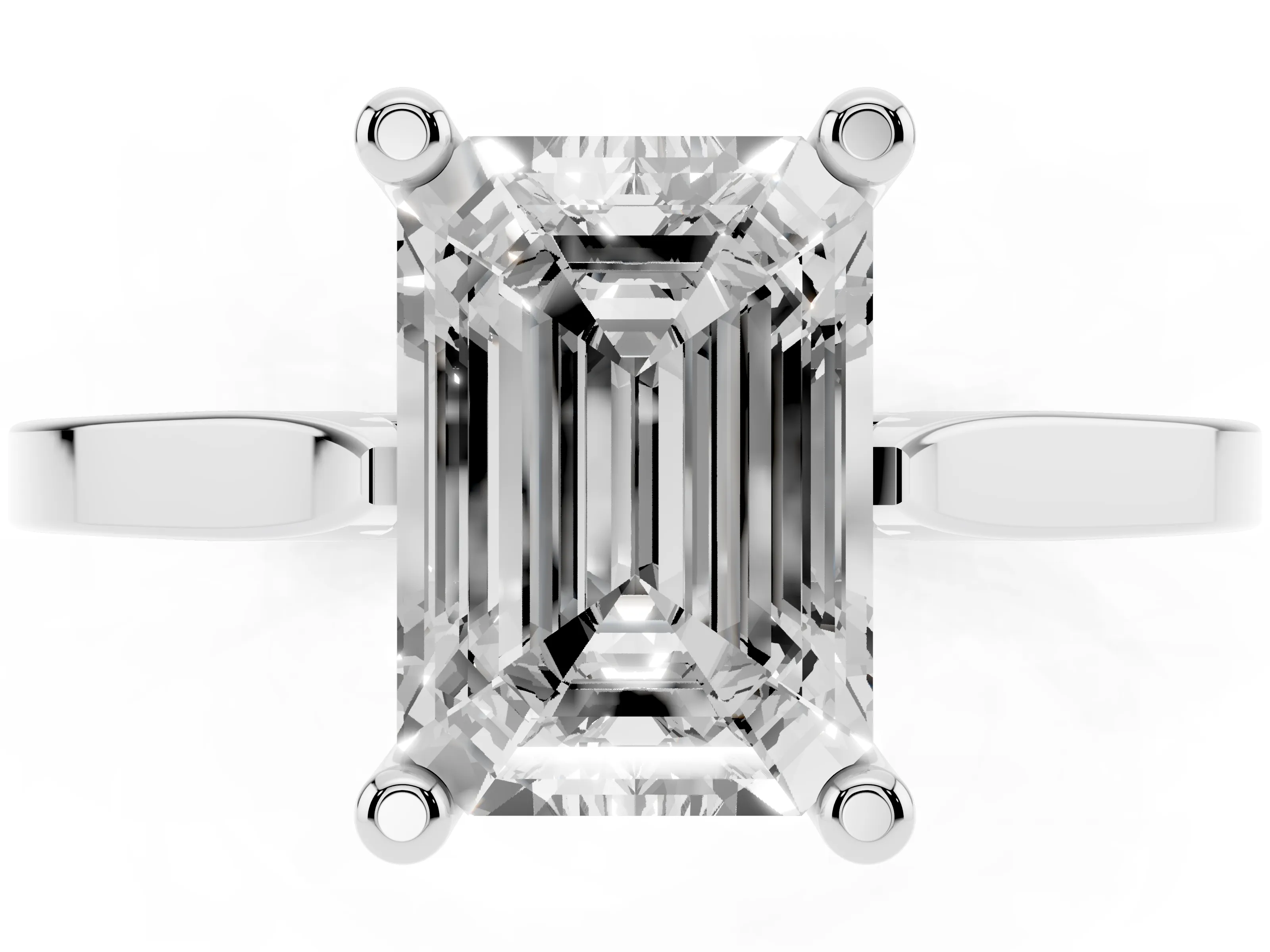 Emerald Cut Diamond Solitaire Ring Set in Platinum with Prong Setting and Tapered Band