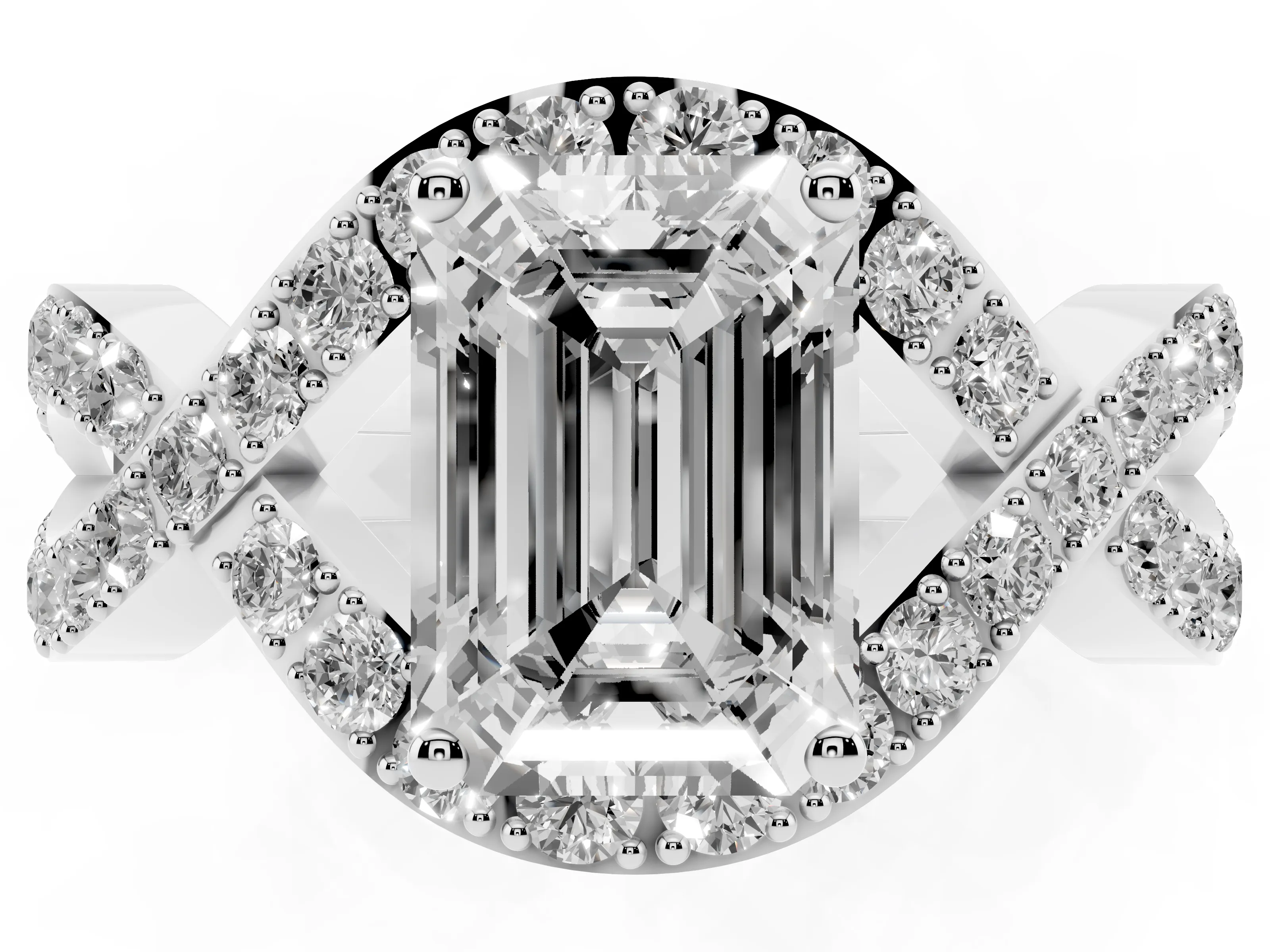 Emerald Cut Diamond Solitaire Twist Band Pavé Engagement Ring Set in Platinum