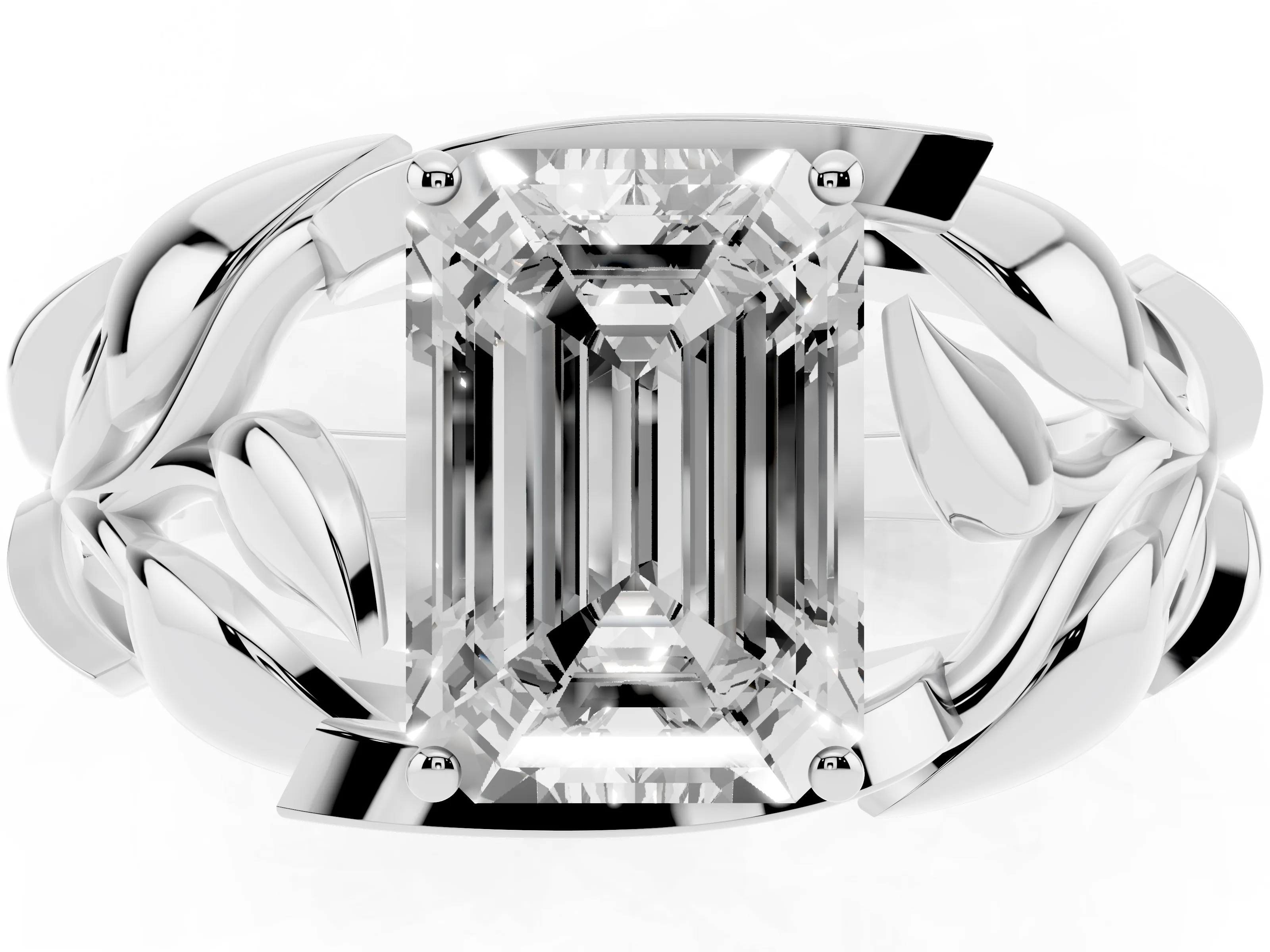 Emerald Cut Diamond Leaf-Inspired Engagement Ring Set in Silver with Round Accents