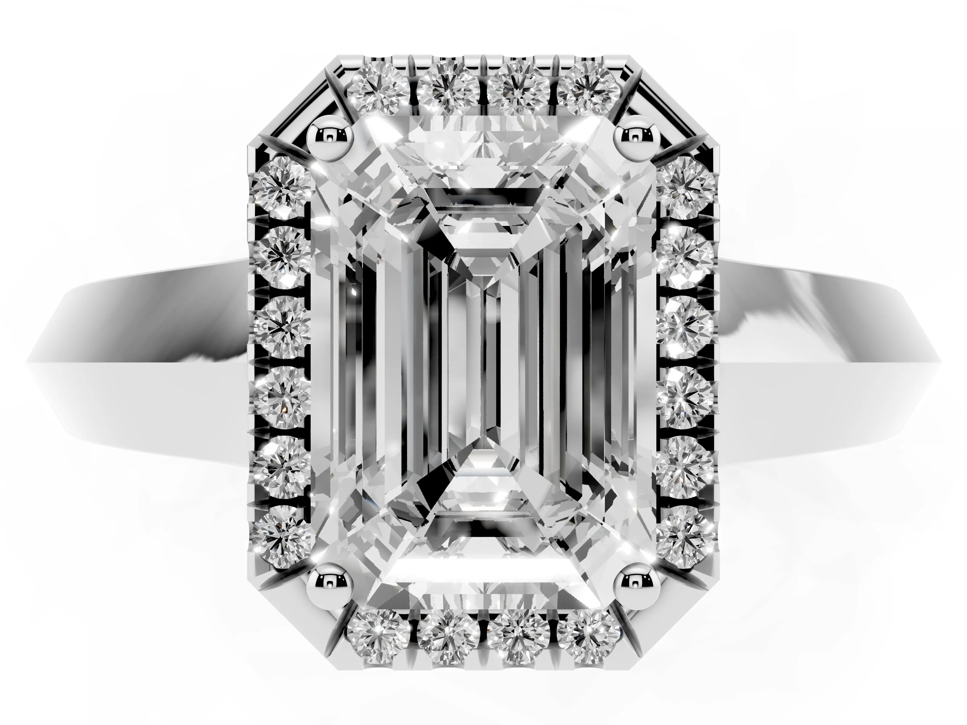Emerald Cut Diamond Halo Ring Set in Platinum with Cathedral Band and Prong Setting