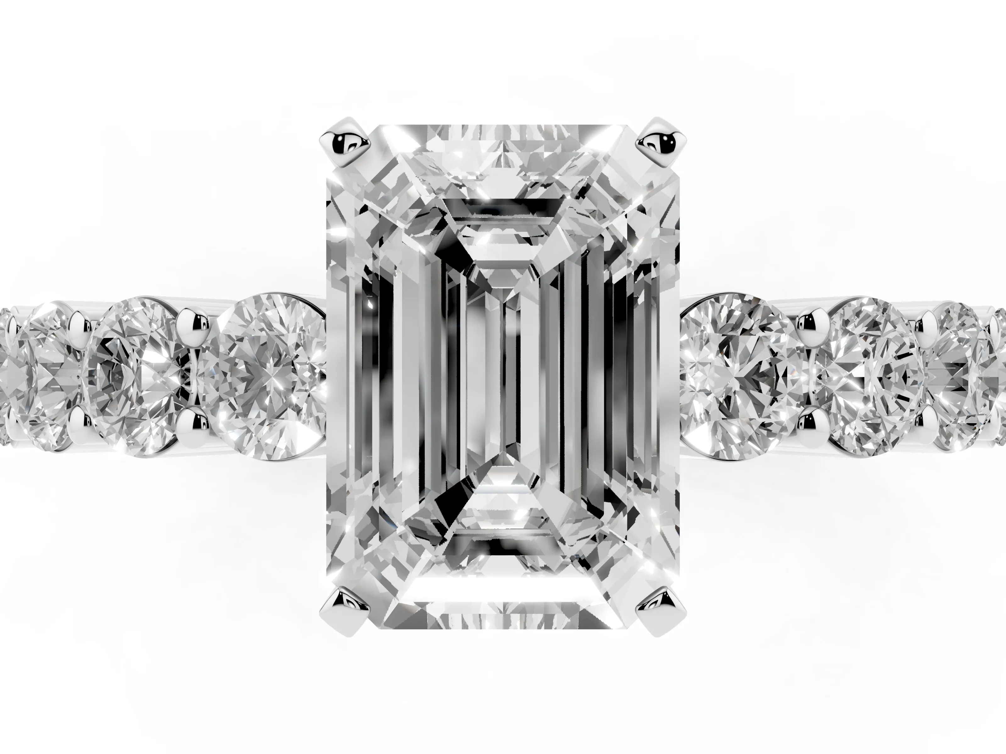 Emerald Cut Diamond Solitaire Ring Set in Silver with Shared Prong Round Side Stones