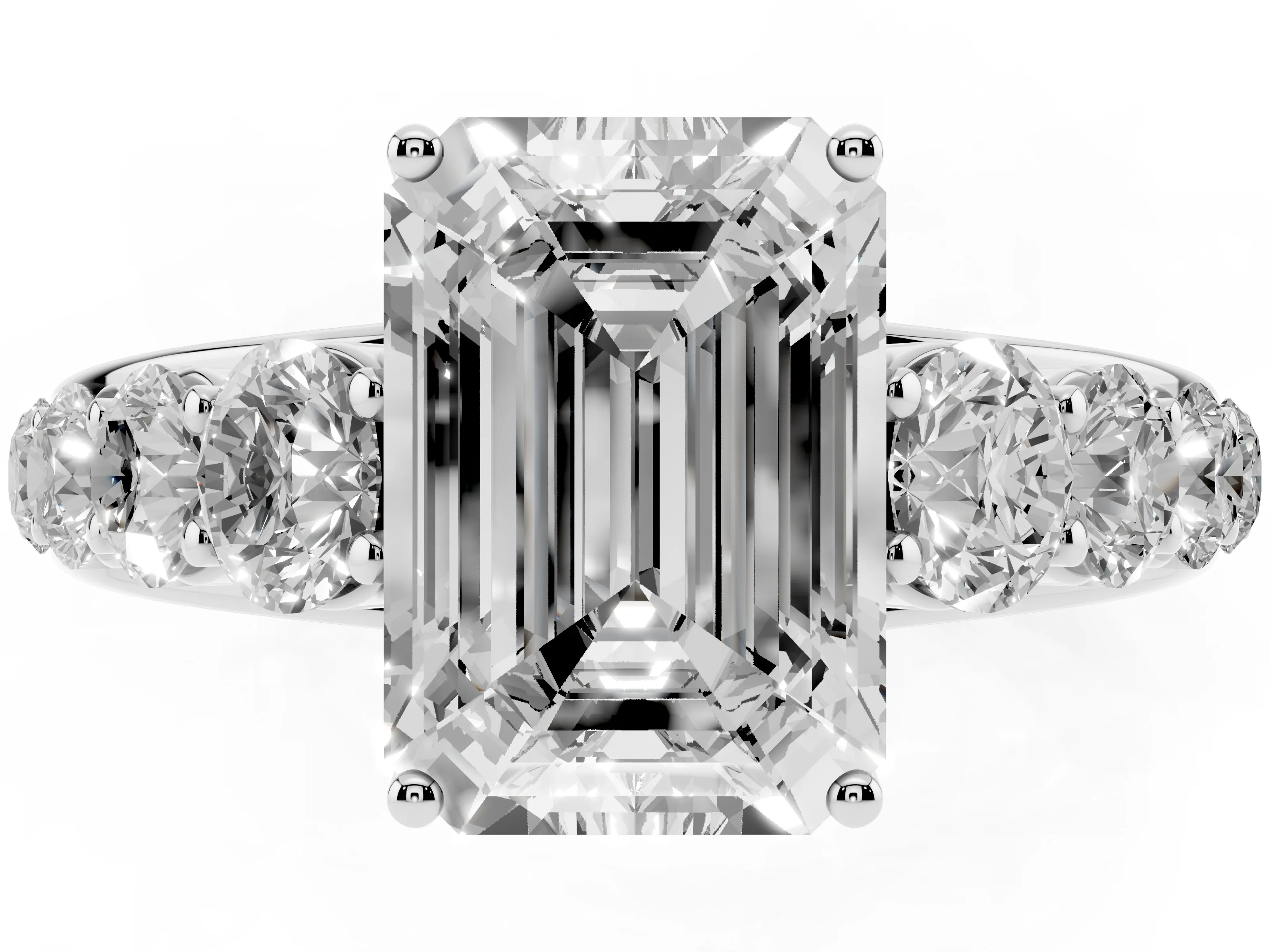 Emerald Cut Diamond Solitaire Ring Set in Platinum with Pavé-Set Band and Prong Setting
