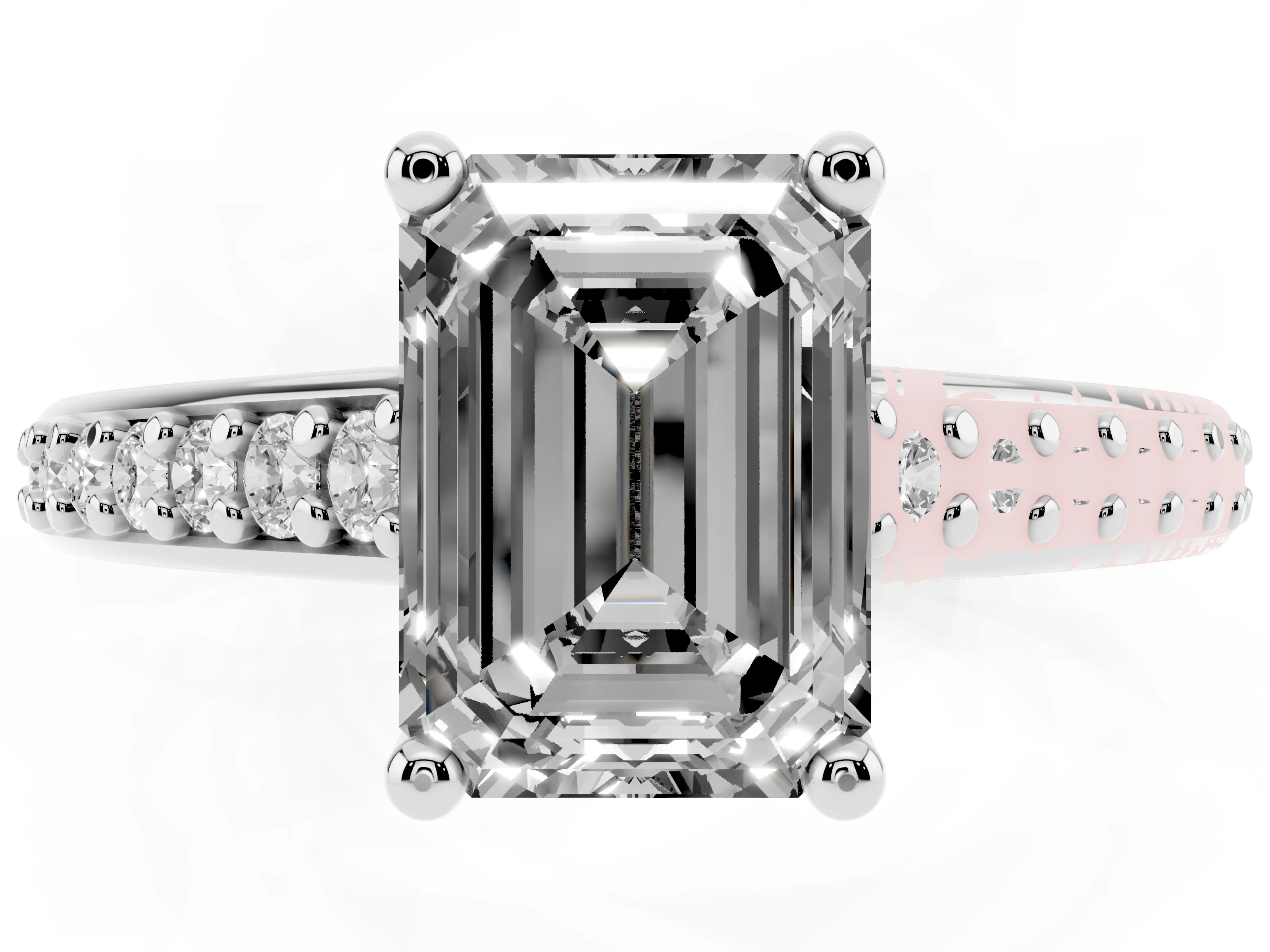 Emerald Cut Diamond Prong Set Solitaire Engagement Ring Set in Platinum with Pavé Band