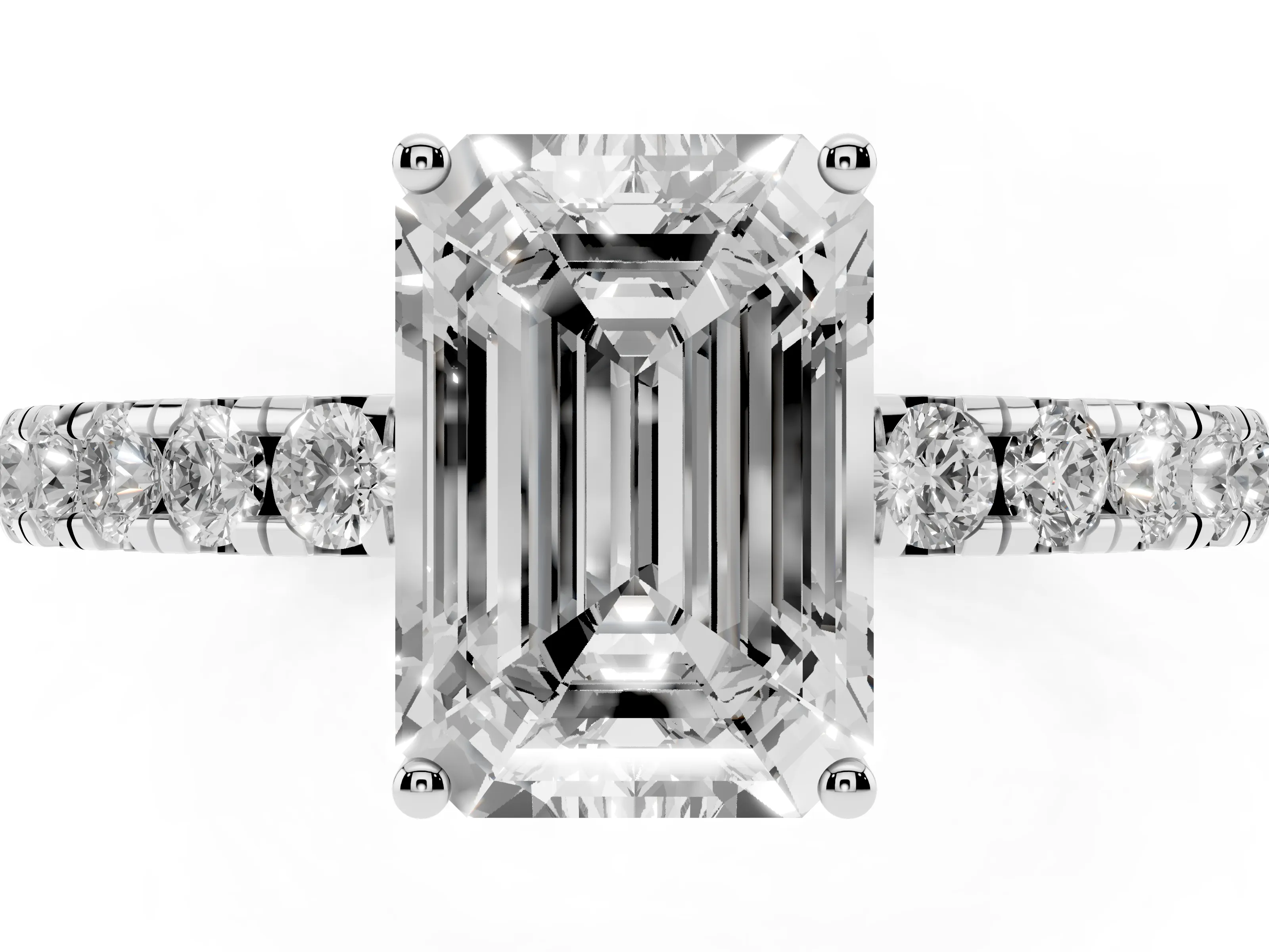 Emerald Cut Diamond Pavé Solitaire Engagement Ring Set in Silver with Prong Setting