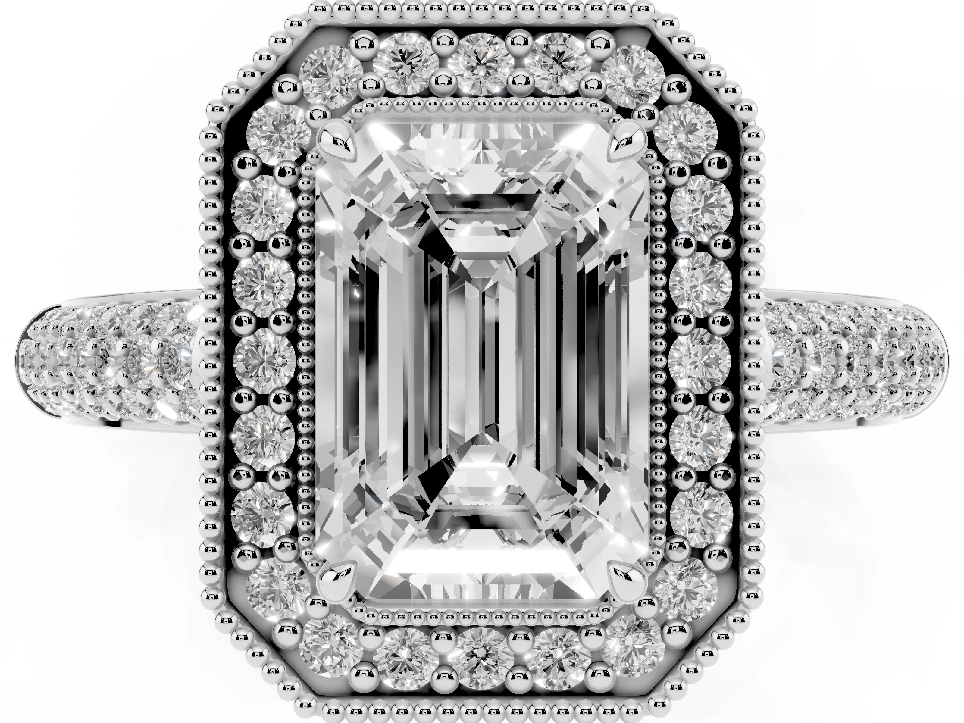 Emerald Cut Diamond Halo Pavé Band Set in Silver with Prong Setting
