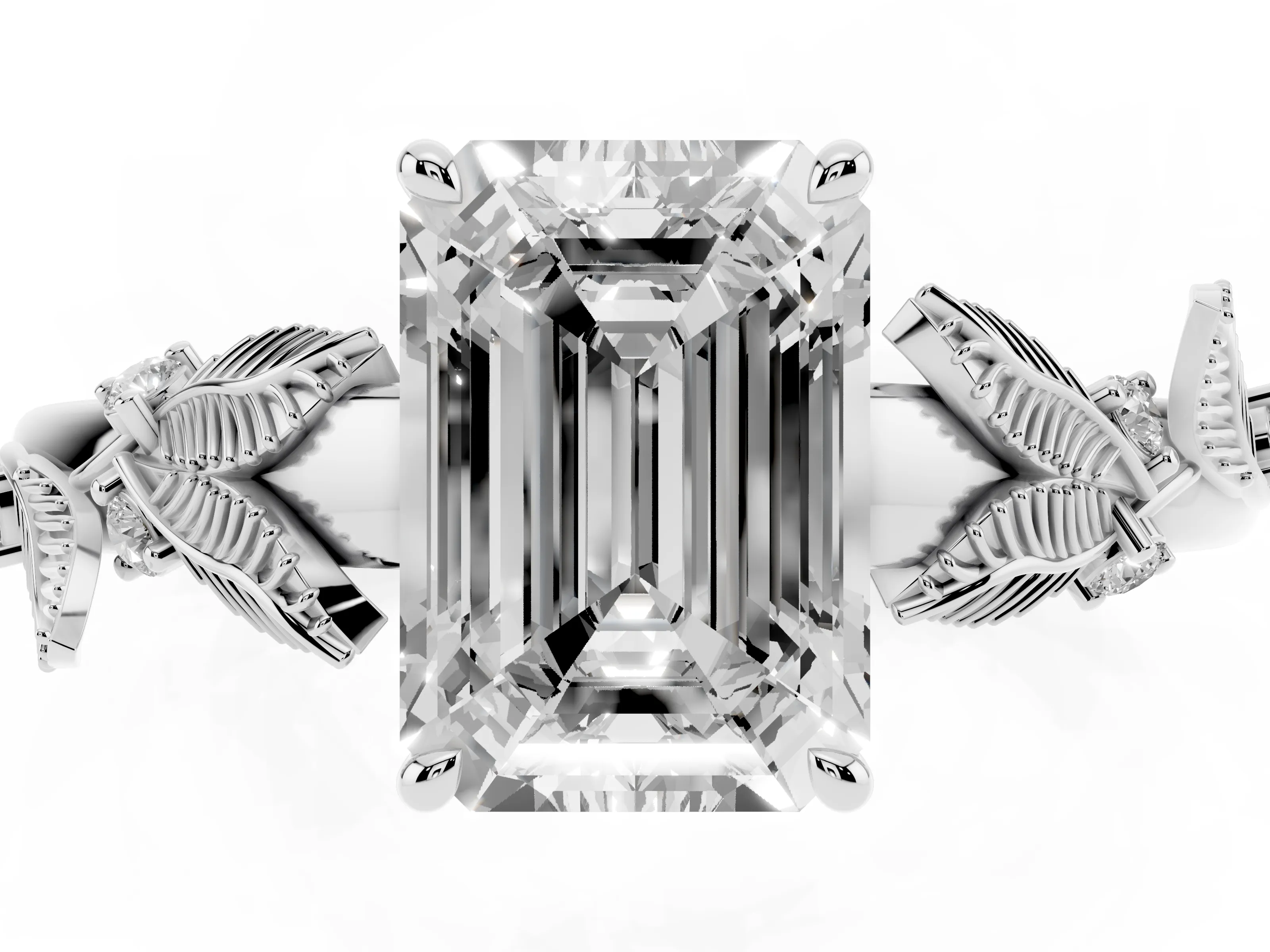 Emerald Cut Diamond Solitaire Ring Set in Platinum with Leaf Motif Band