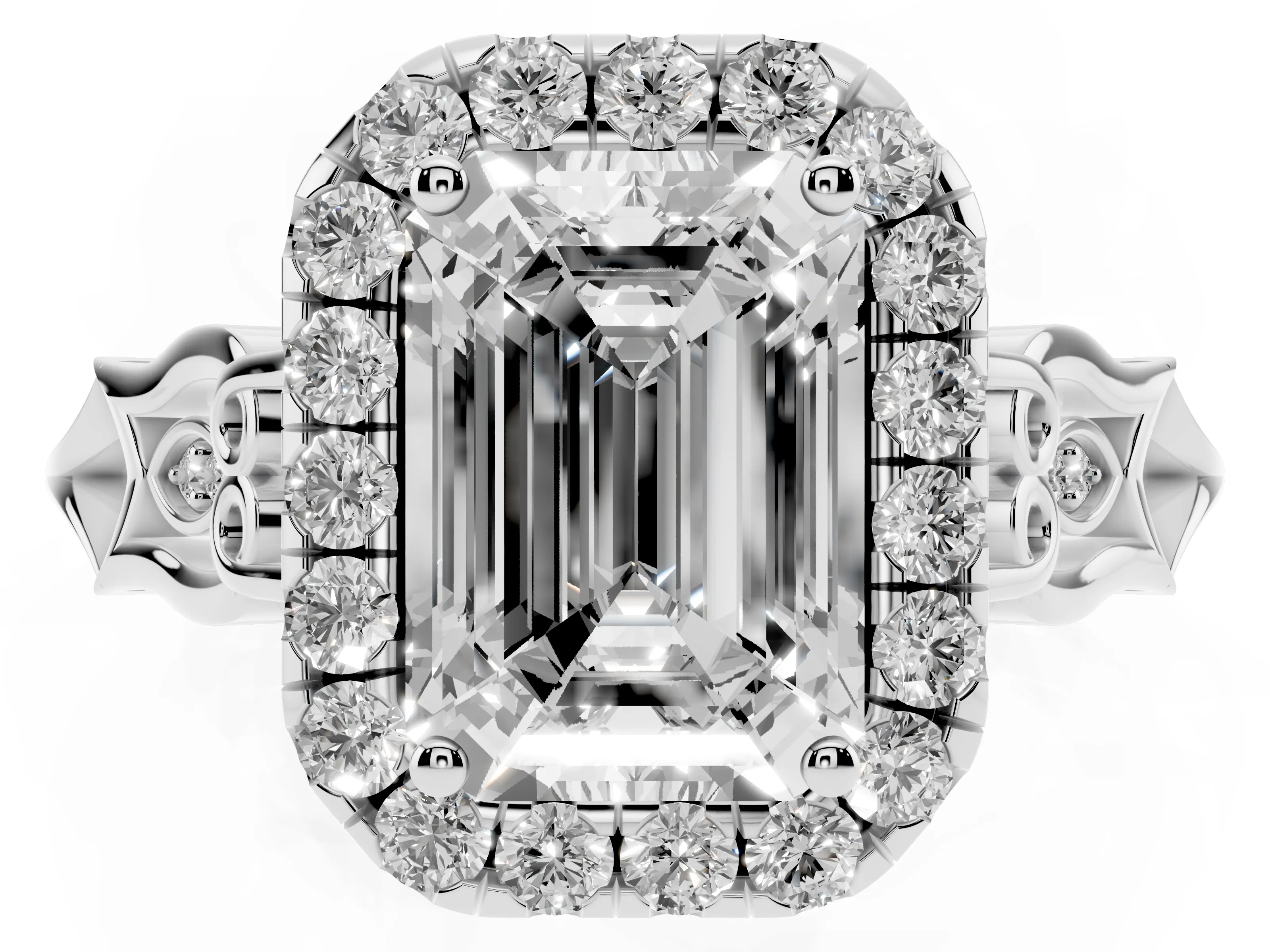 Emerald Cut Diamond Halo Engagement Ring Set in White gold with Filigree Band and Prong-Set Center