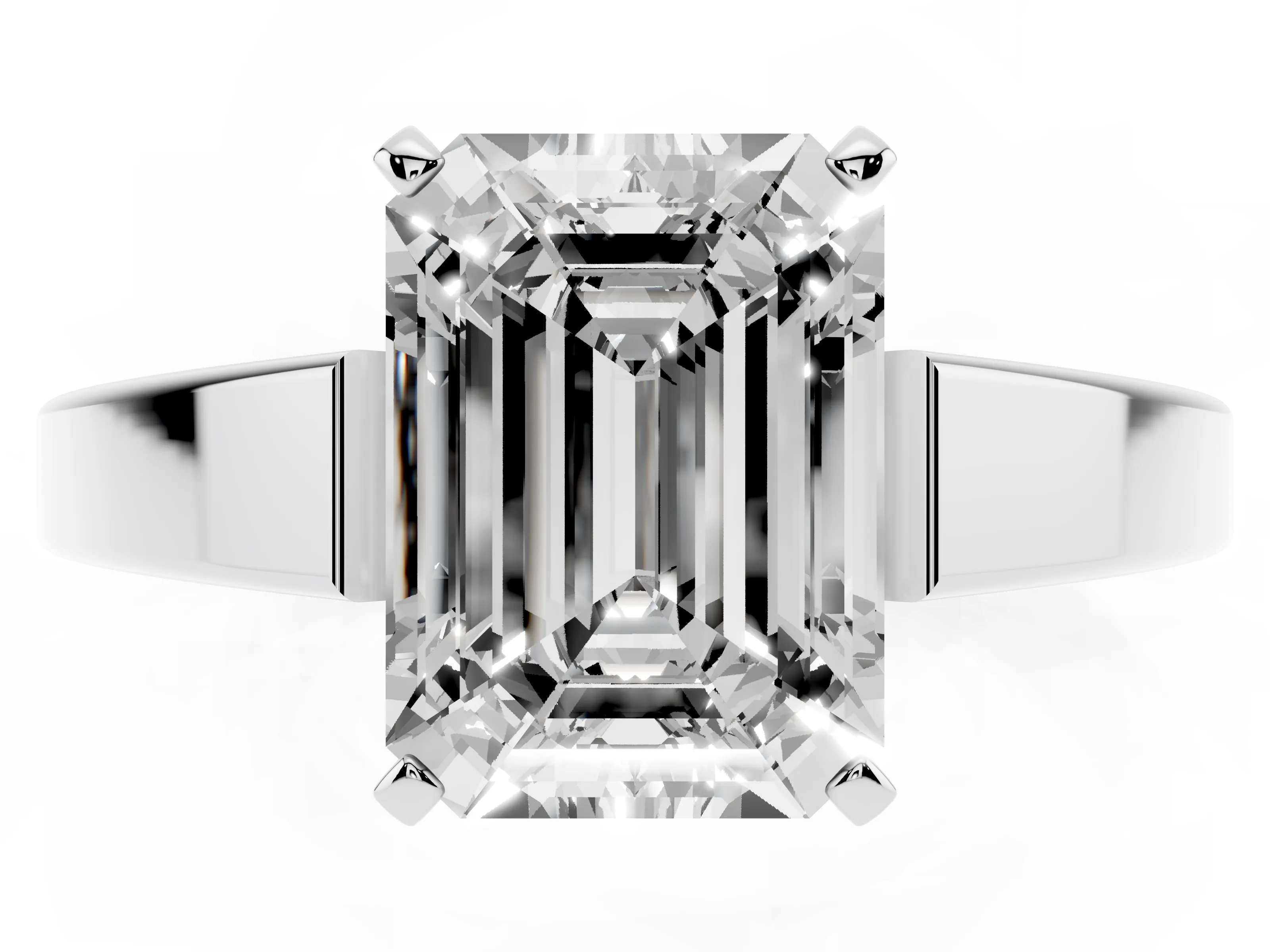 Emerald Cut Diamond Solitaire Engagement Ring Set in Platinum with Prong Setting and Tapered Band