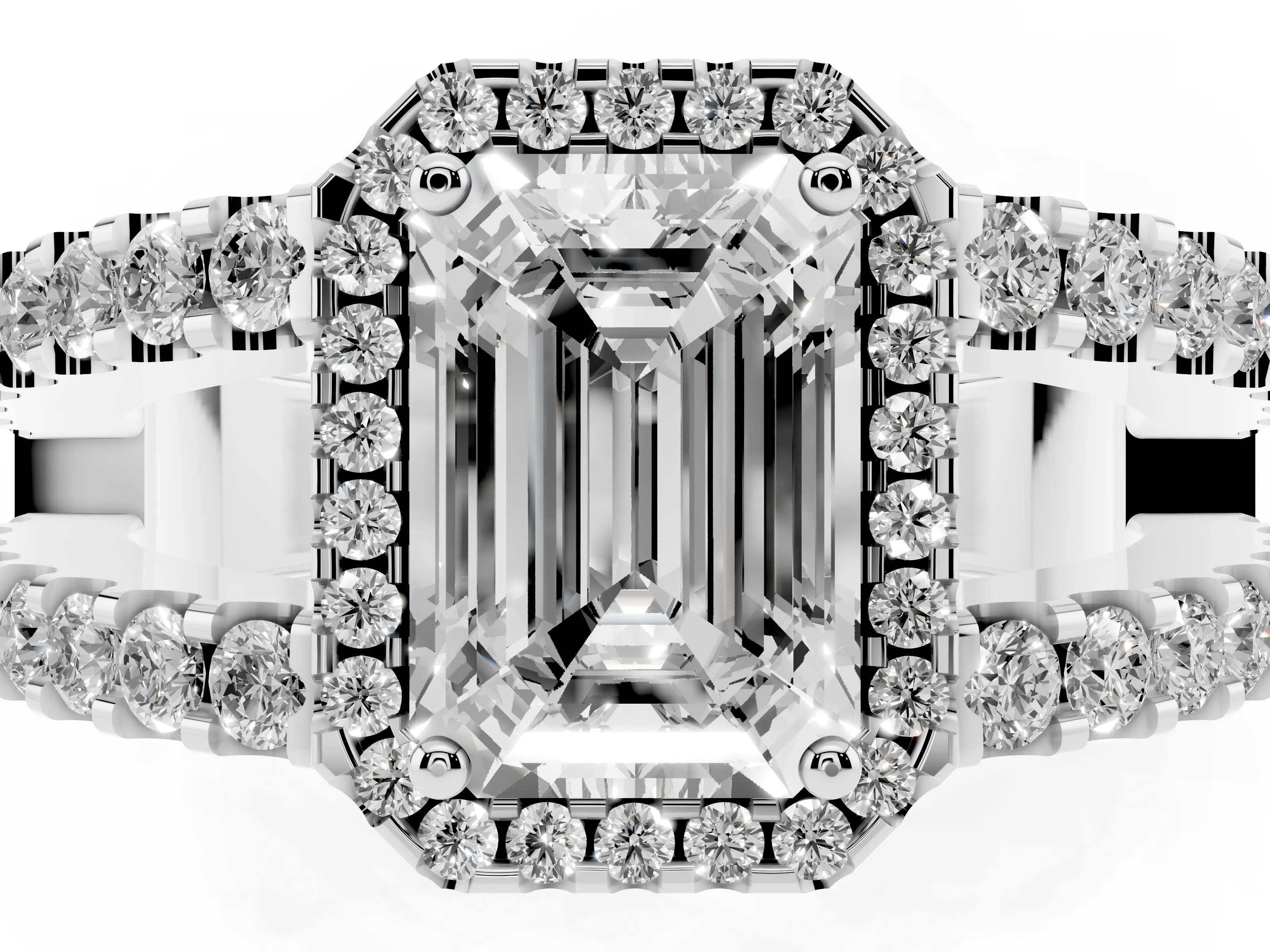 Emerald Cut Diamond Halo Ring Set in Silver with Pavé Split Shank and Prong Setting