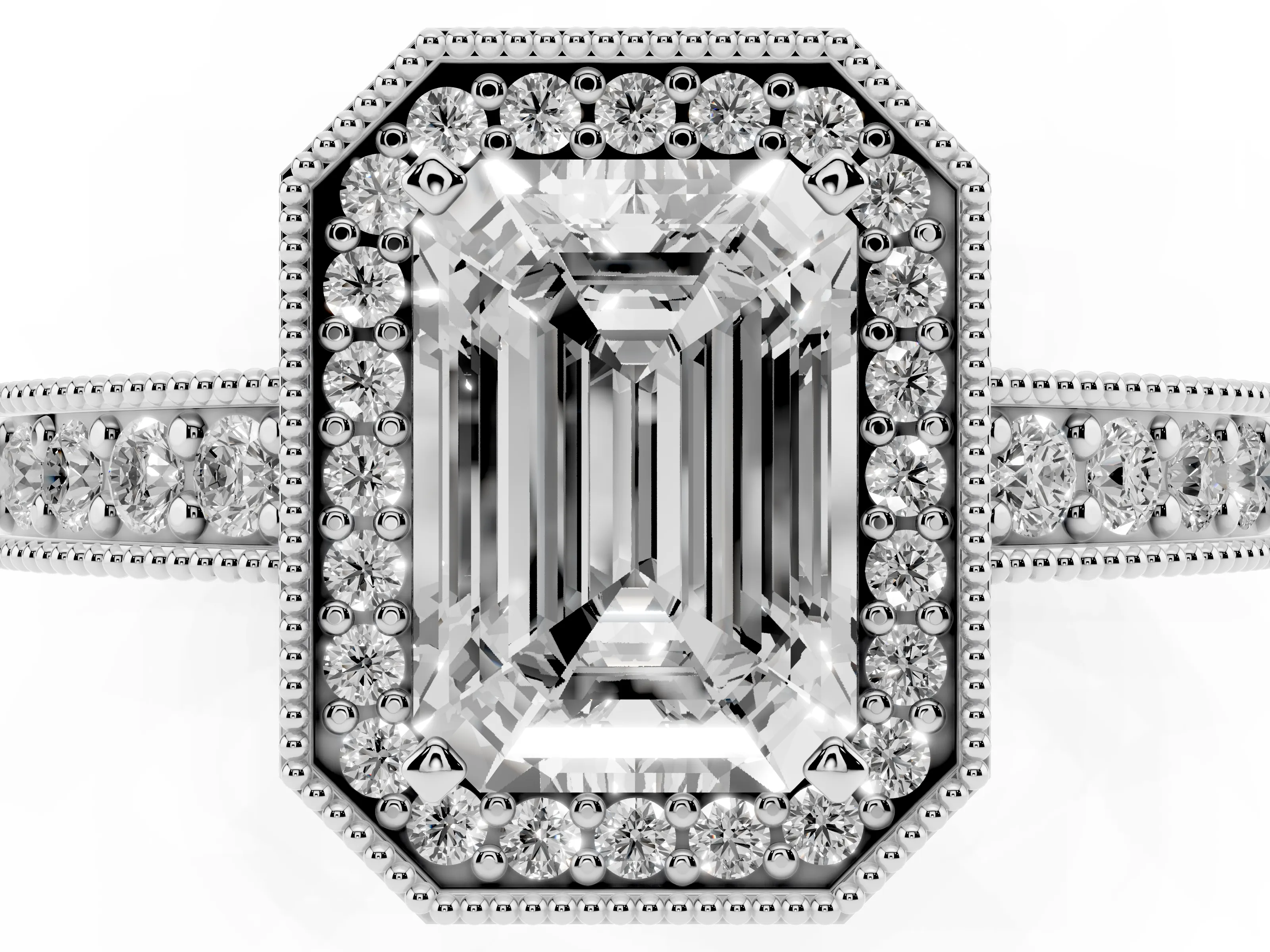 Emerald Cut Diamond Halo Pavé Band Ring Set in Silver with Prong-Set Center