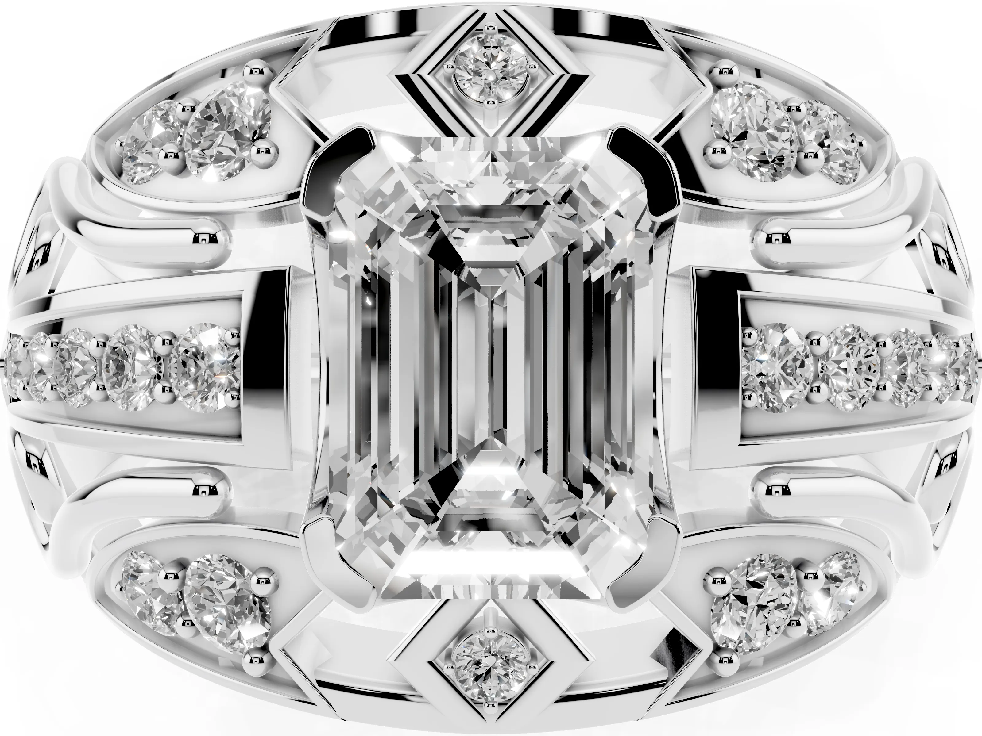 Emerald Cut Diamond Art Deco Ring Set in Platinum with Pavé Split Shank