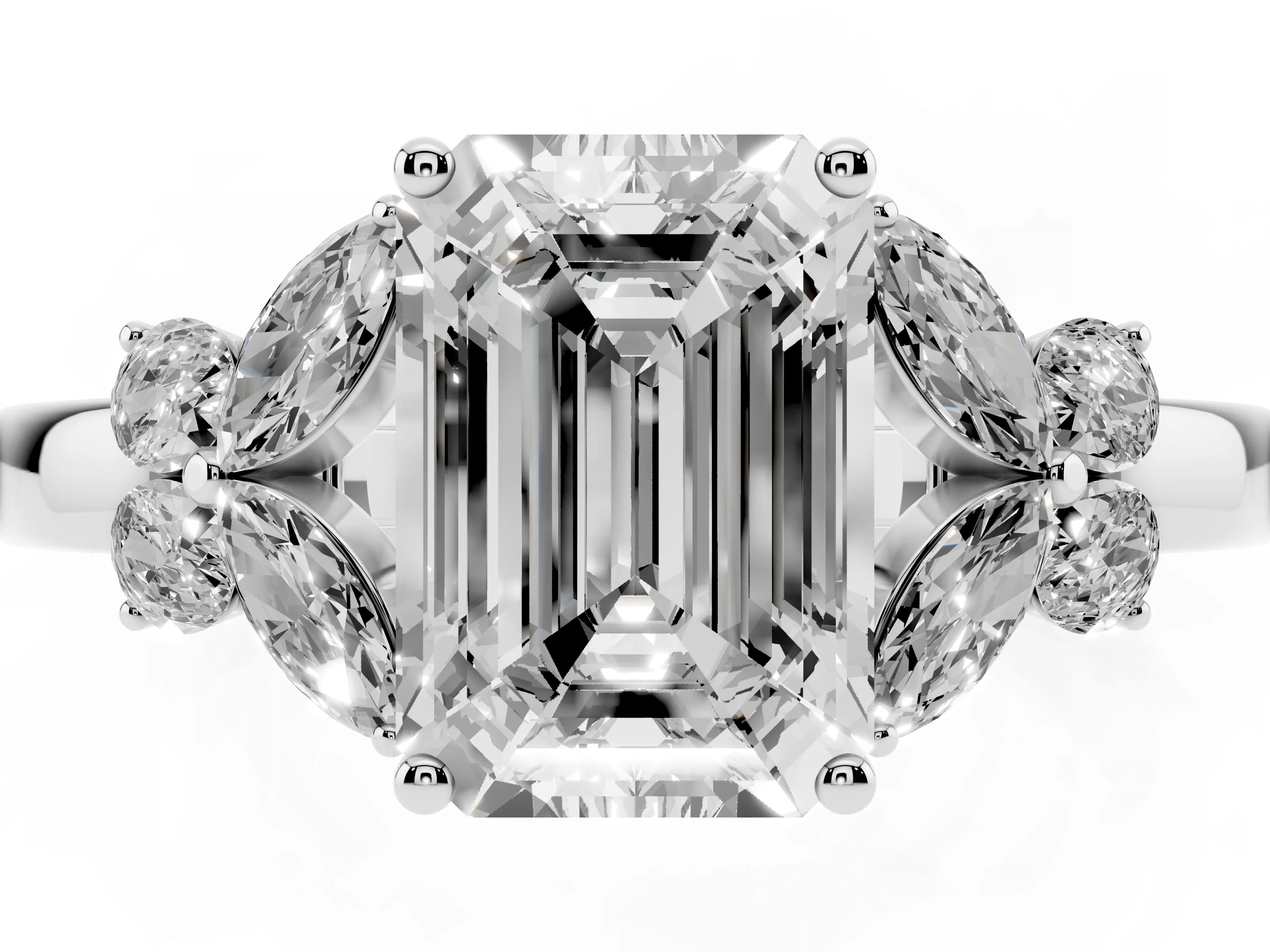 Emerald Cut Diamond Solitaire Floral Ring Set in Platinum with Marquise Petals and Prong Setting