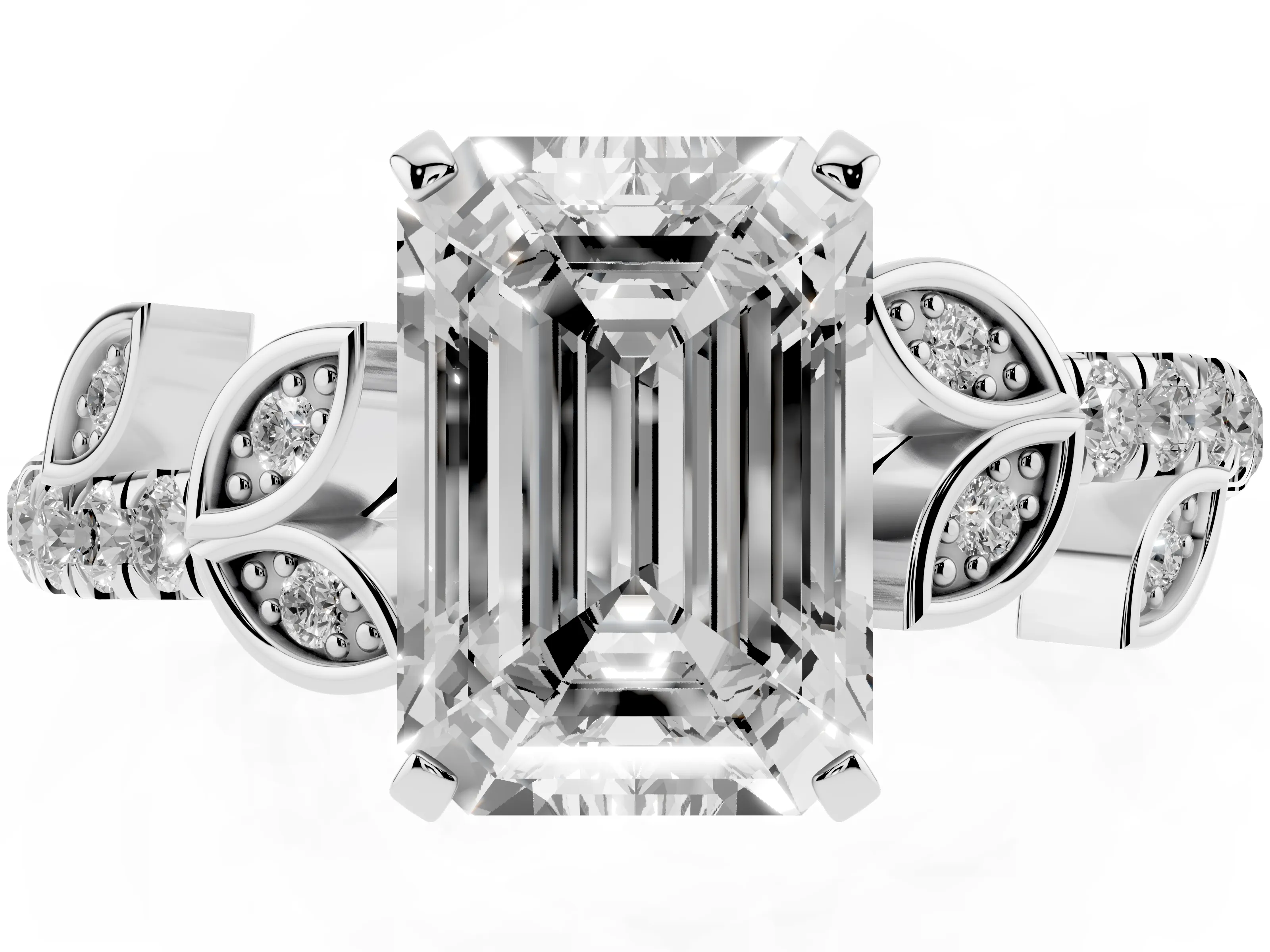 Emerald Cut Diamond Solitaire Leaf-Inspired Ring Set in Platinum with Pavé Band and Prong Setting