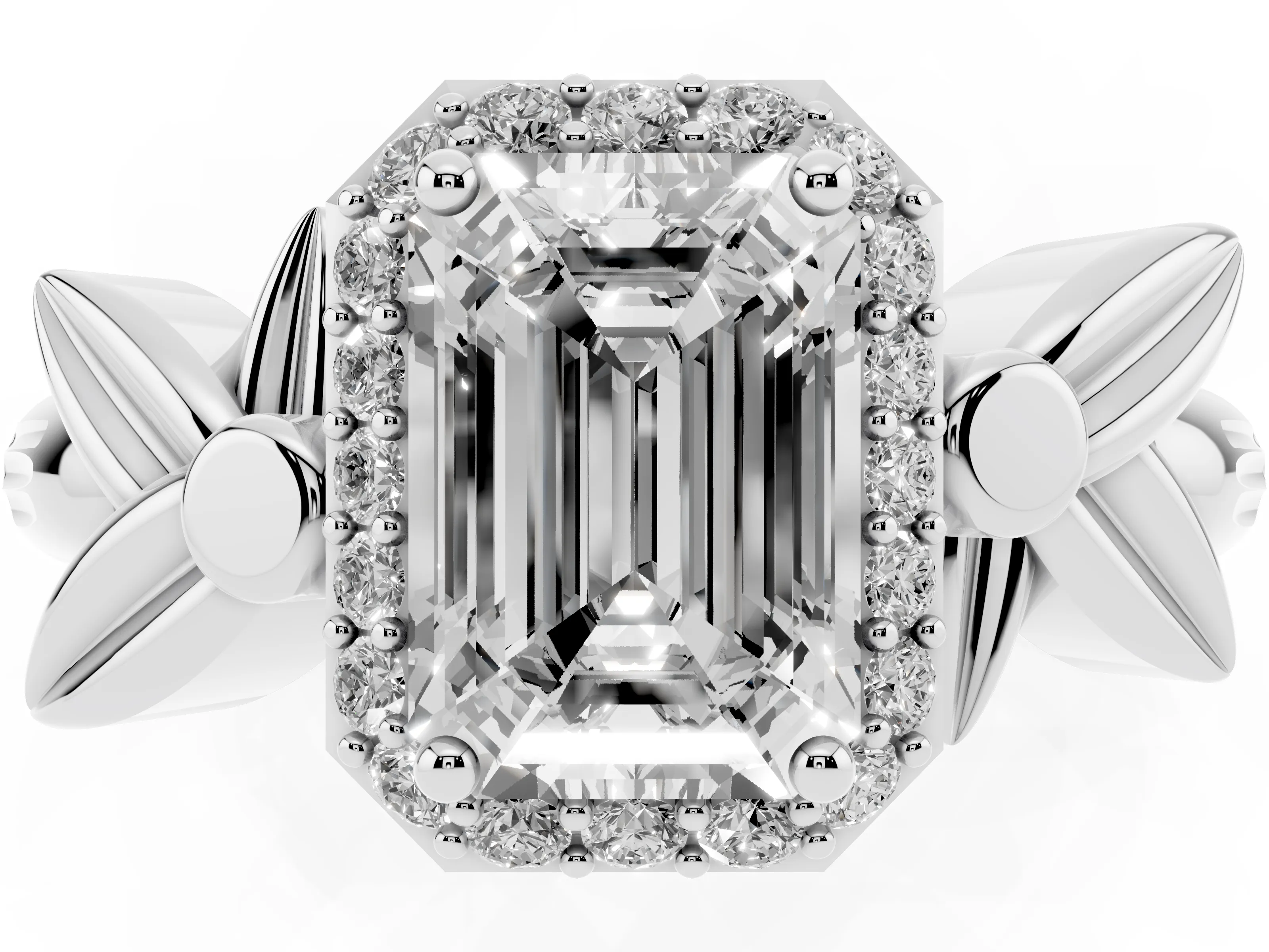 Emerald Cut Diamond Halo Floral Band Ring Set in White gold with Prong Setting