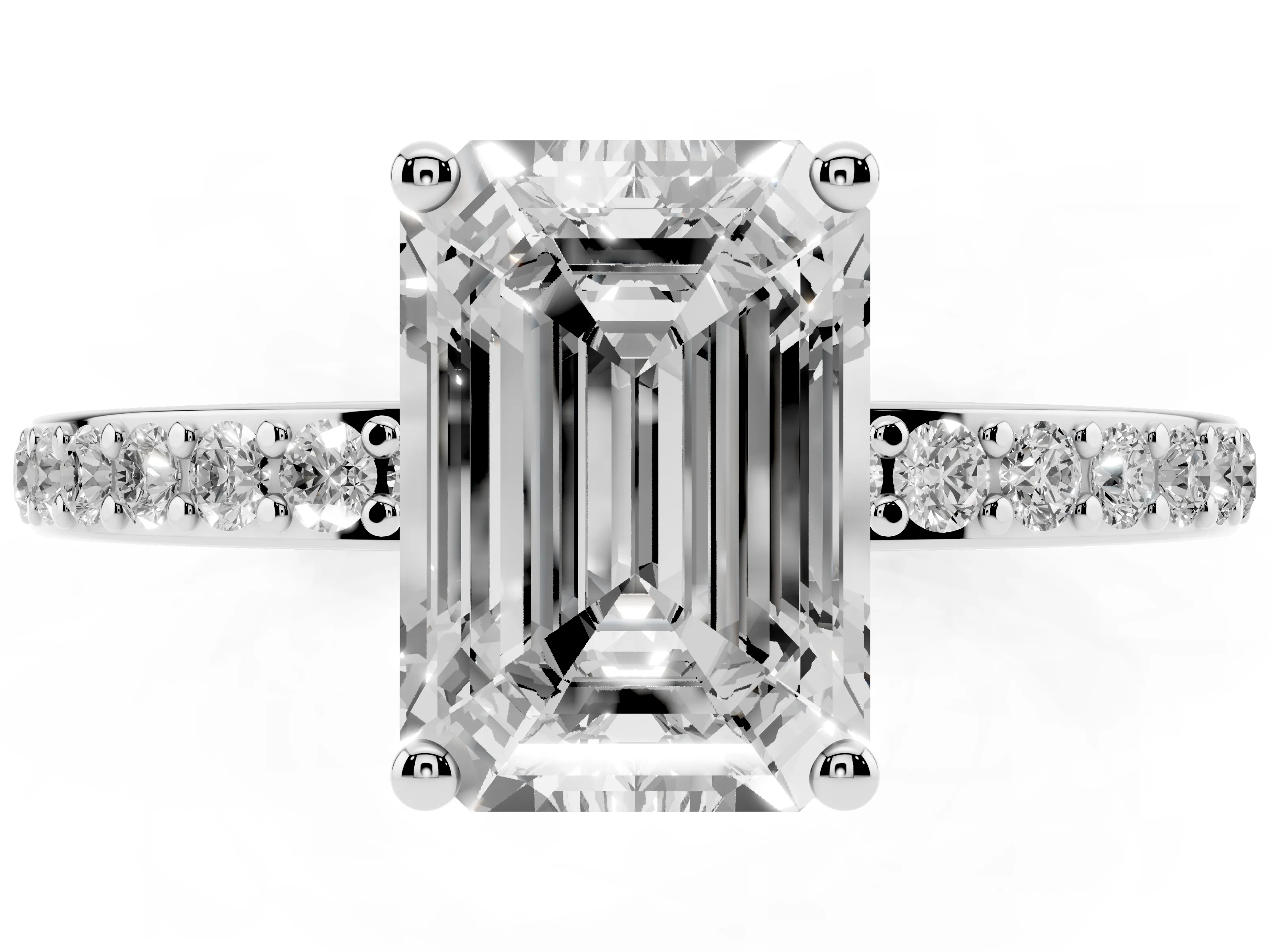 Emerald Cut Diamond Pavé Band Ring Set in White gold with Prong-Set Center Stone