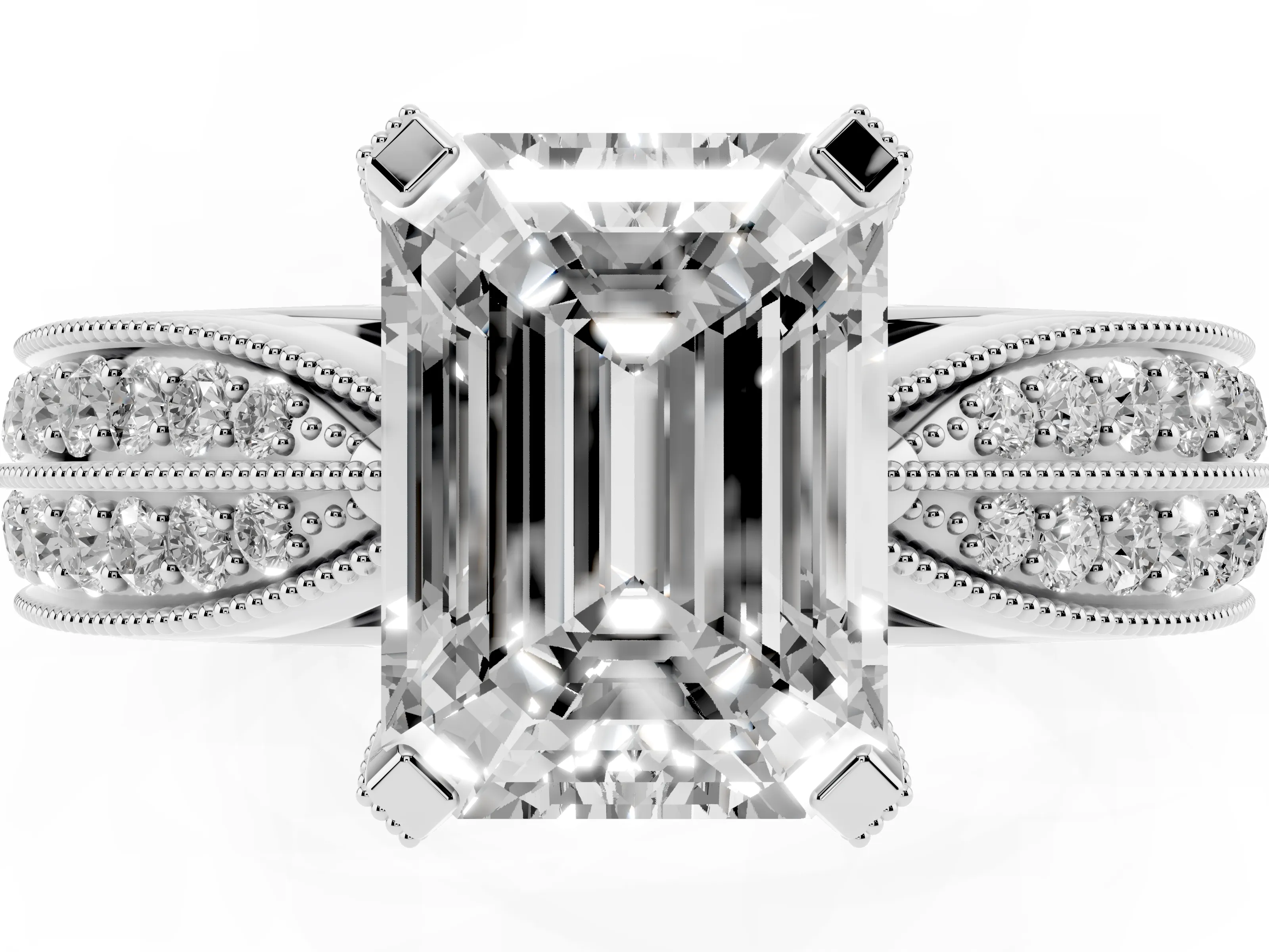 Emerald Cut Diamond Solitaire Ring Set in Platinum with Milgrain Double Row Round Pavé Band