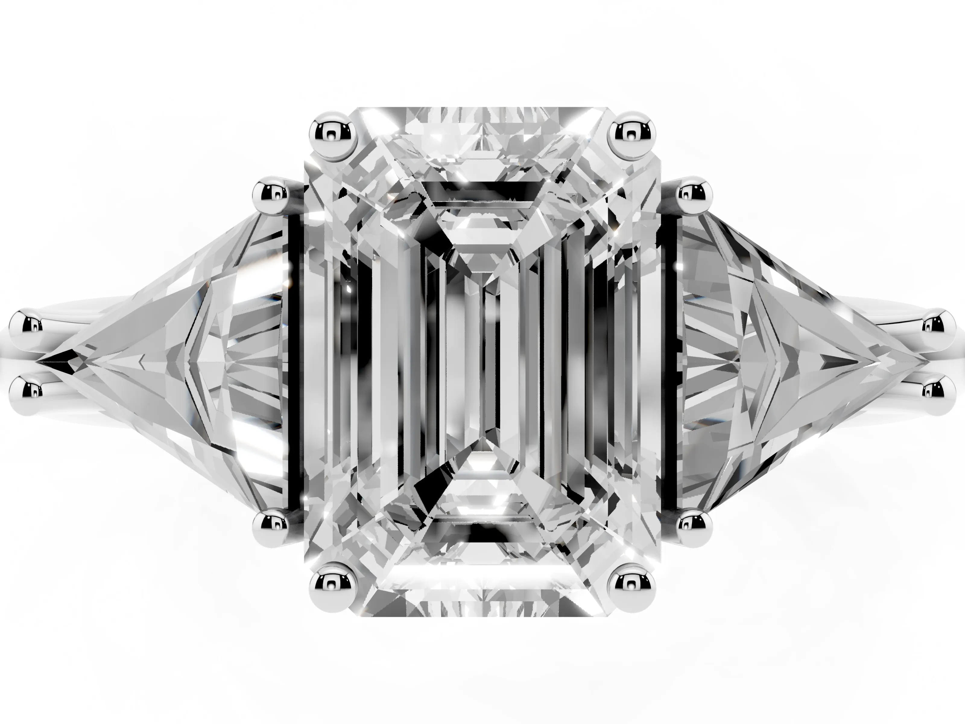 Emerald Cut Diamond Three-Stone Engagement Ring Set in Silver with Trillion Side Stones