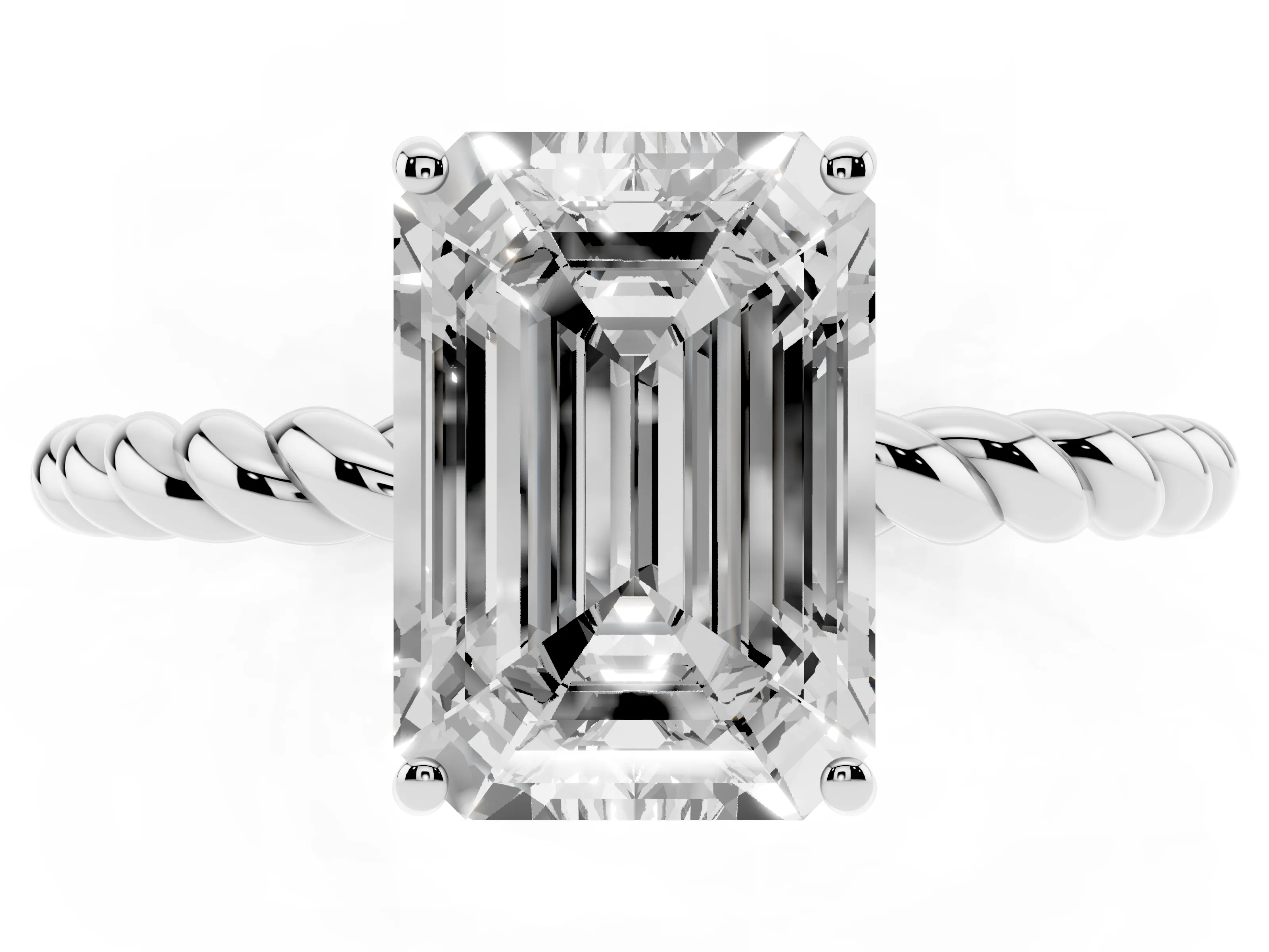 Emerald Cut Diamond Solitaire Ring Set in White gold with Twist Band and Prong Setting